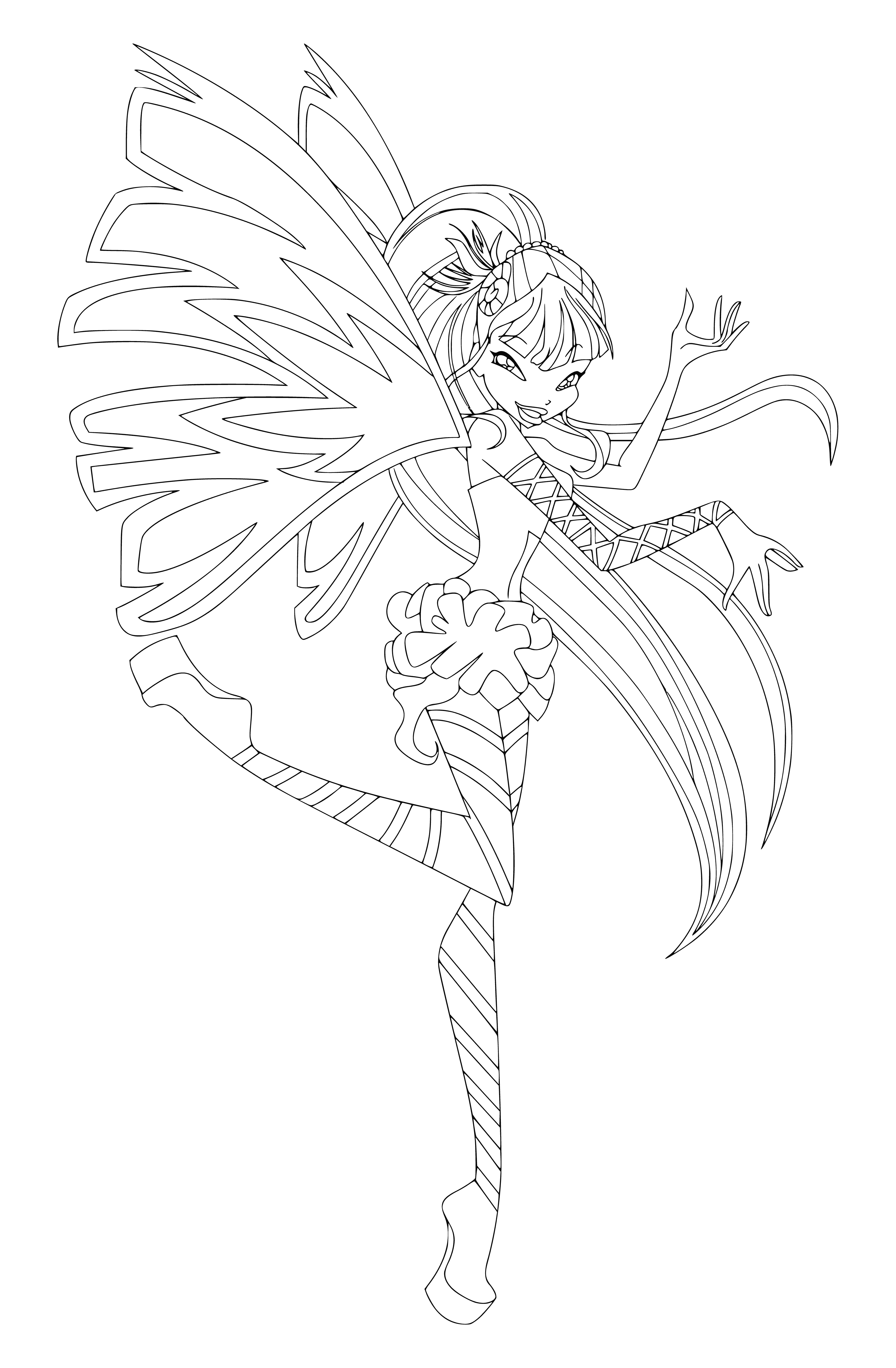 coloring page: Beautiful woman with blonde hair and white dress wearing gold crown and holding gold staff with wings, ready to fulfill her destiny.