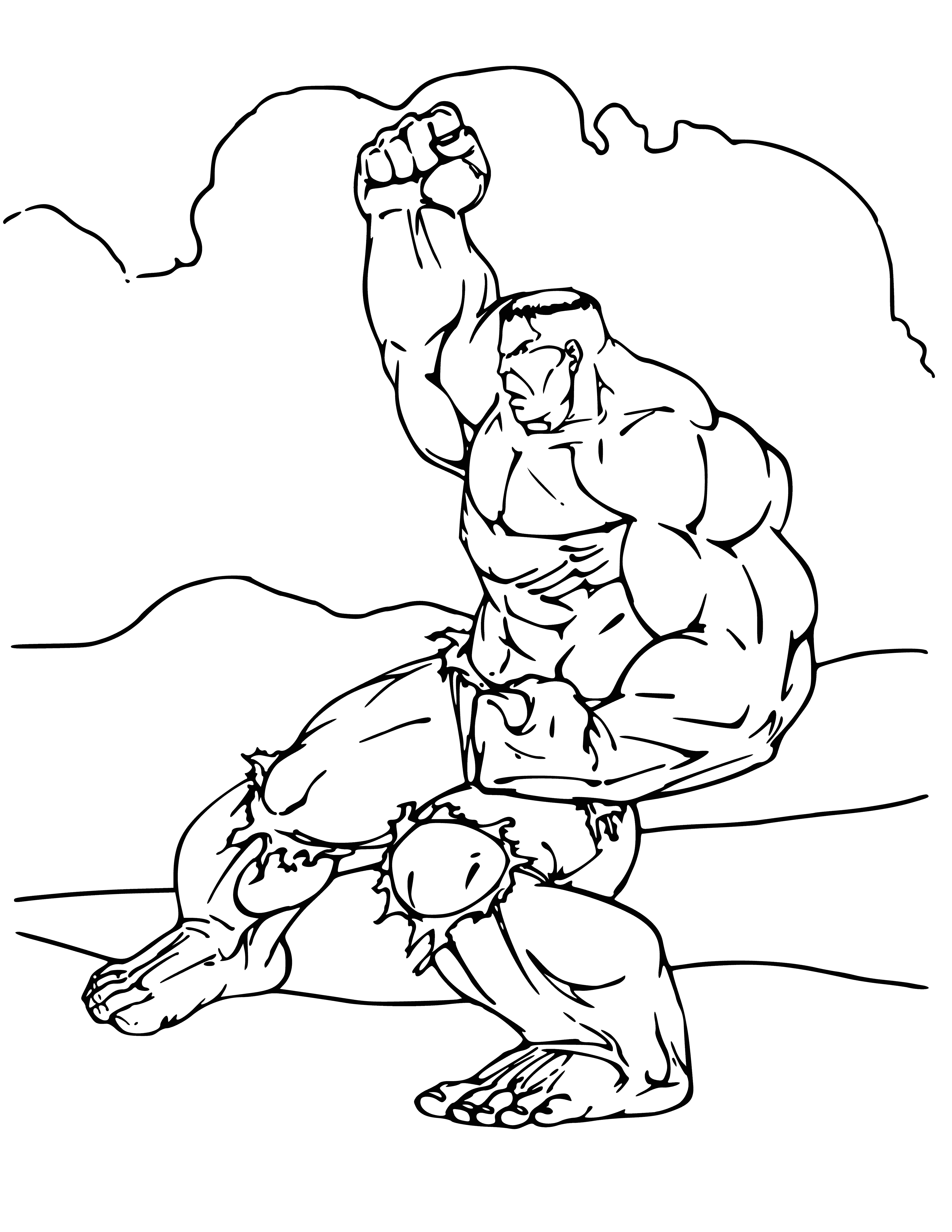 coloring page: The Hulk is a big, green, furry creature with big hands and feet. He looks mean and angry. #thehulk