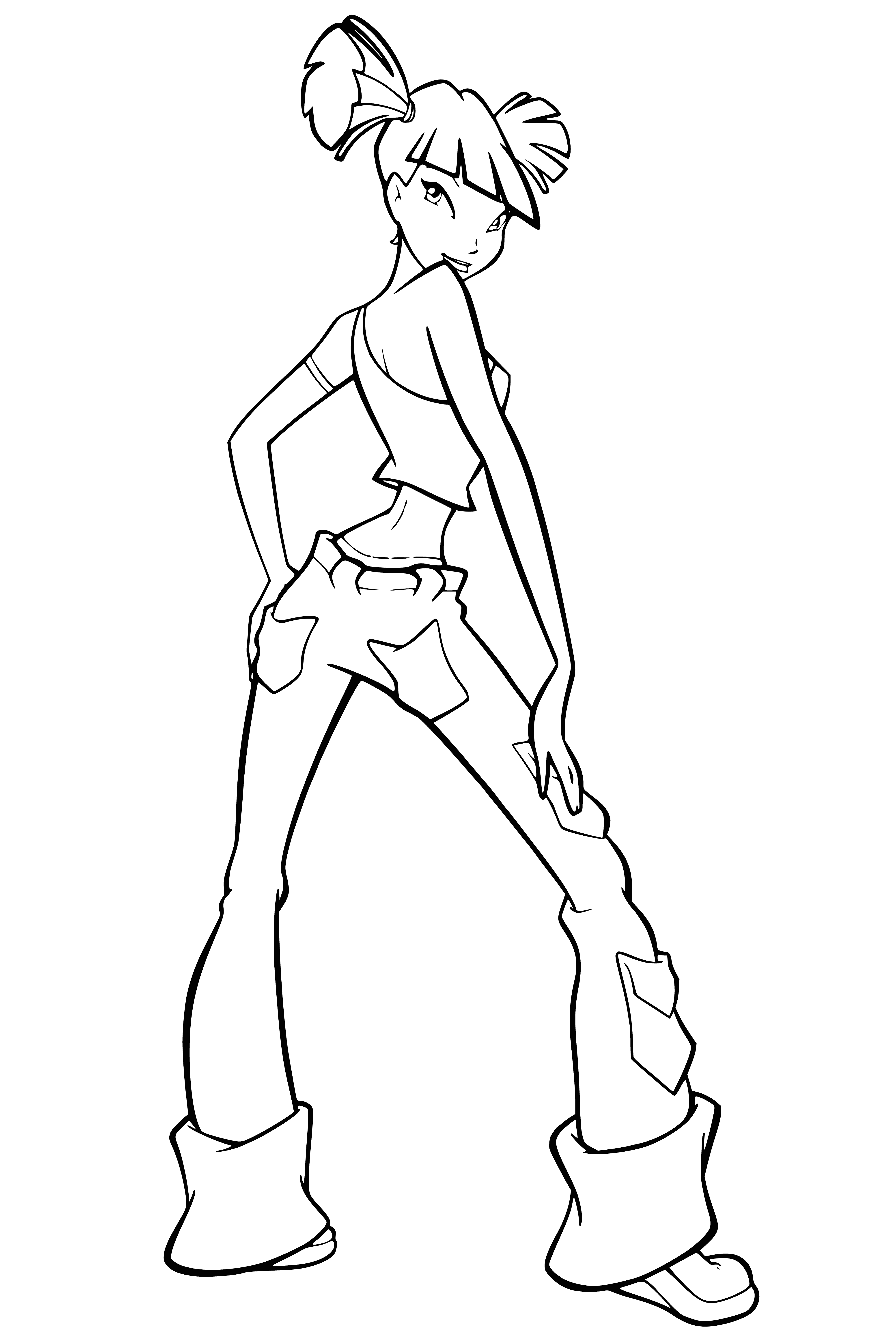 coloring page: Woman in trousers looks up to sky with wonder, shirt billowing in the wind, belt around her waist.