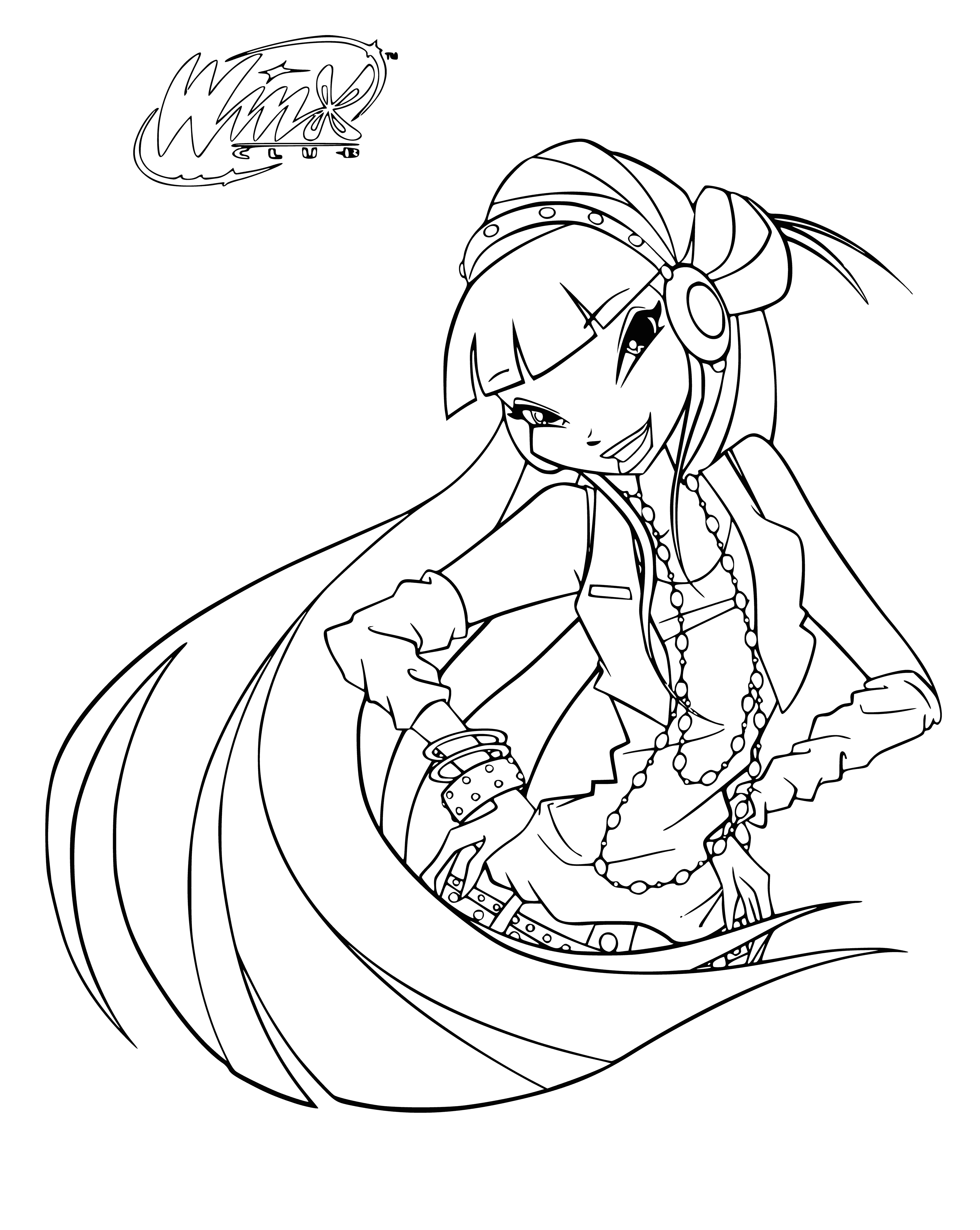 coloring page: The Muse is a beautiful Winx surrounded by books, with a tranquil look and a white dress, blue sash and golden hair with a blue flower.