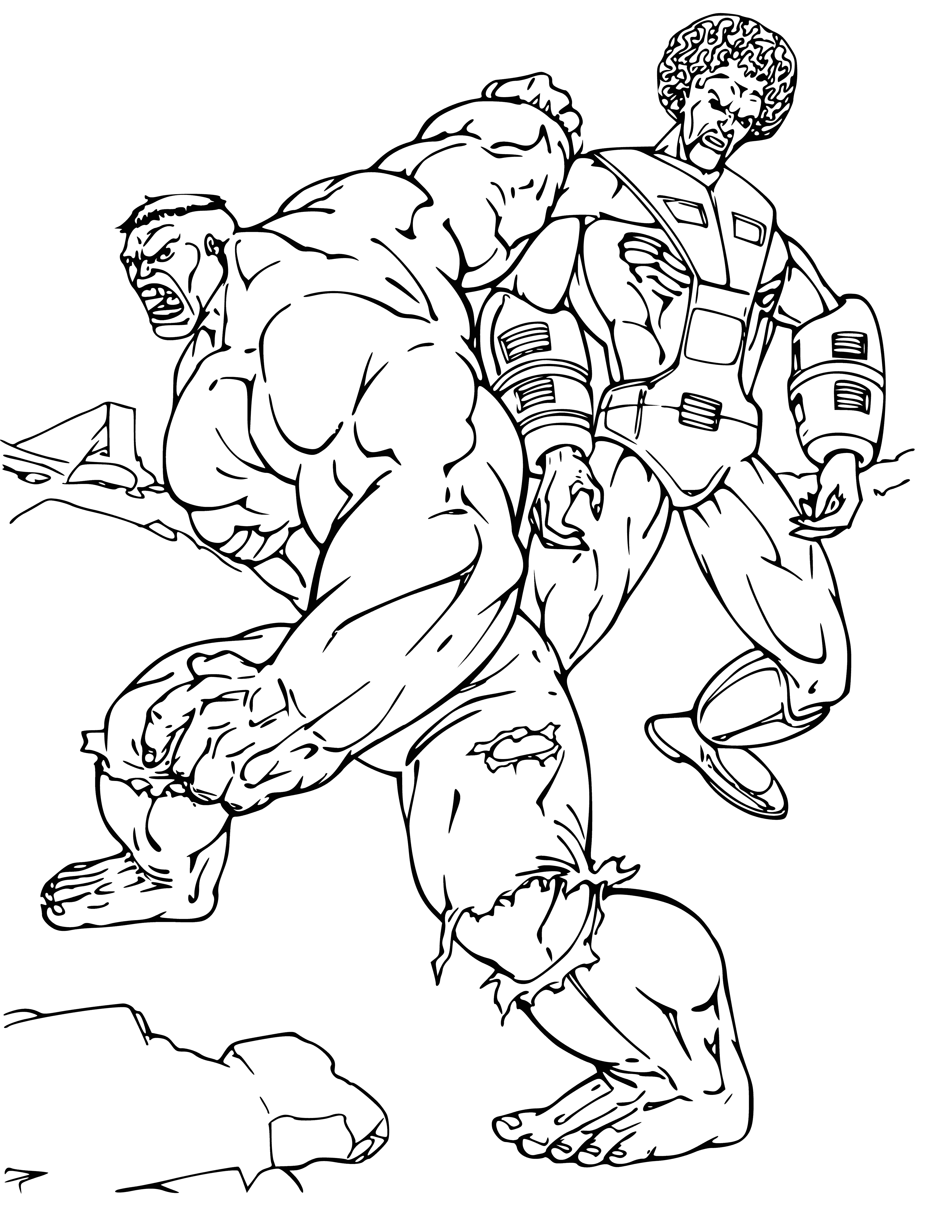 coloring page: The Hulk is a Marvel superhero with immense strength who battles General Ross, a villainous nemesis with super strength and cunning.