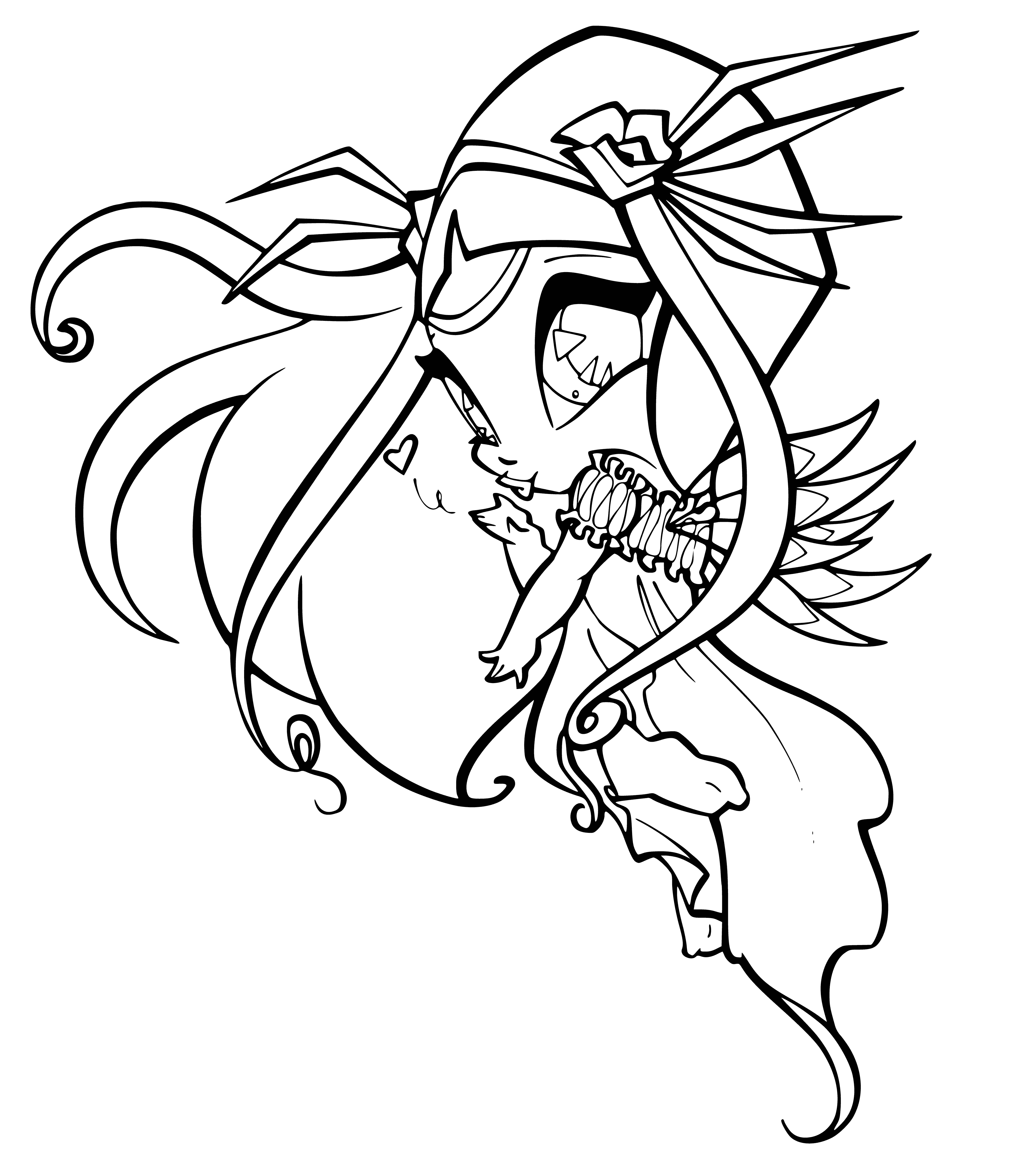 coloring page: Small humanoid w/ delicate features, pale skin & airy pink hair. Has 2 wings, bow & arrow. Has a mischievous look & expression of playful mischief.