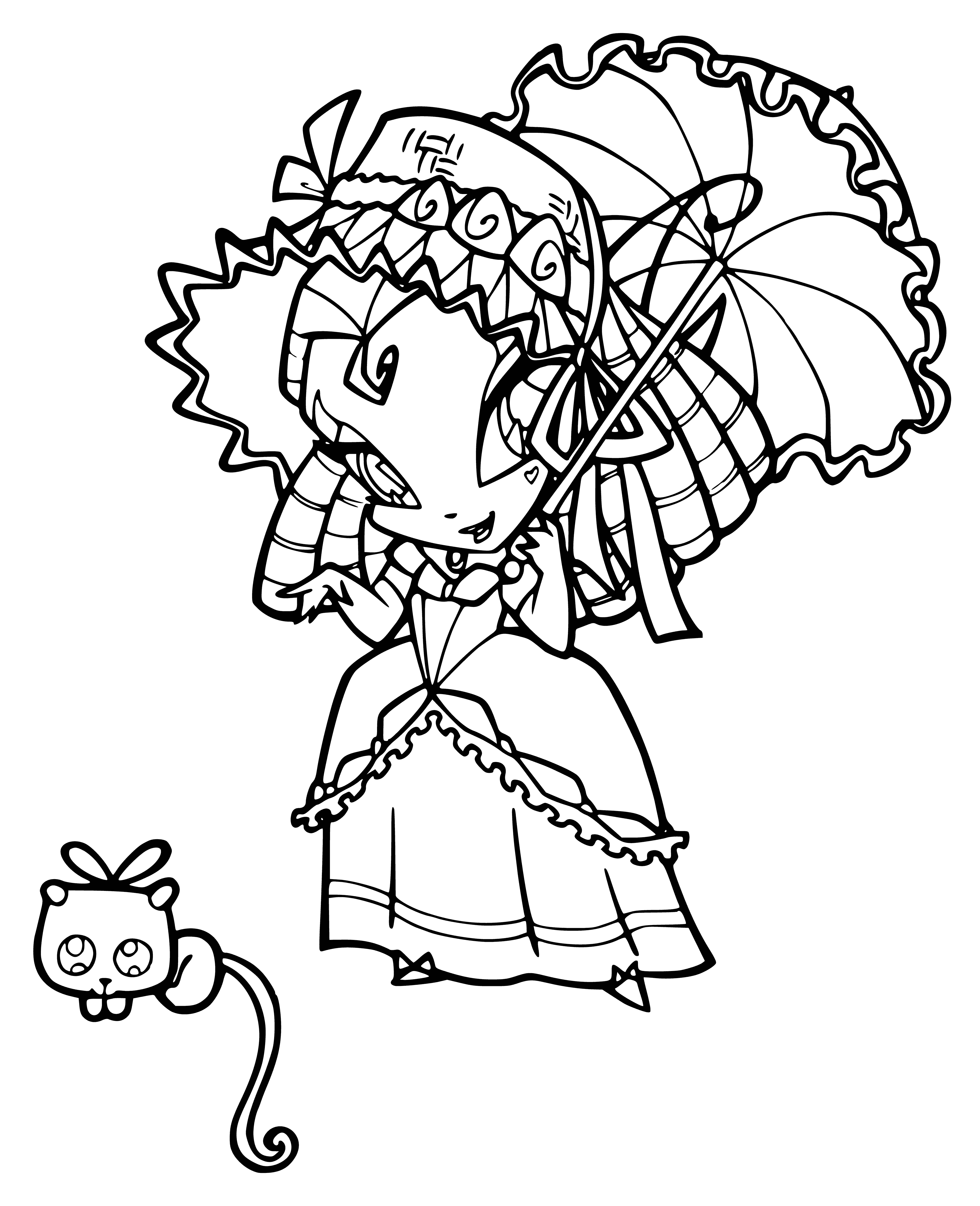 coloring page: Creature with pointy ears & wings sits on kitten. It wears a green tunic & holds a wooden staff. Sharp teeth & almond-shaped eyes show a mischievous grin.