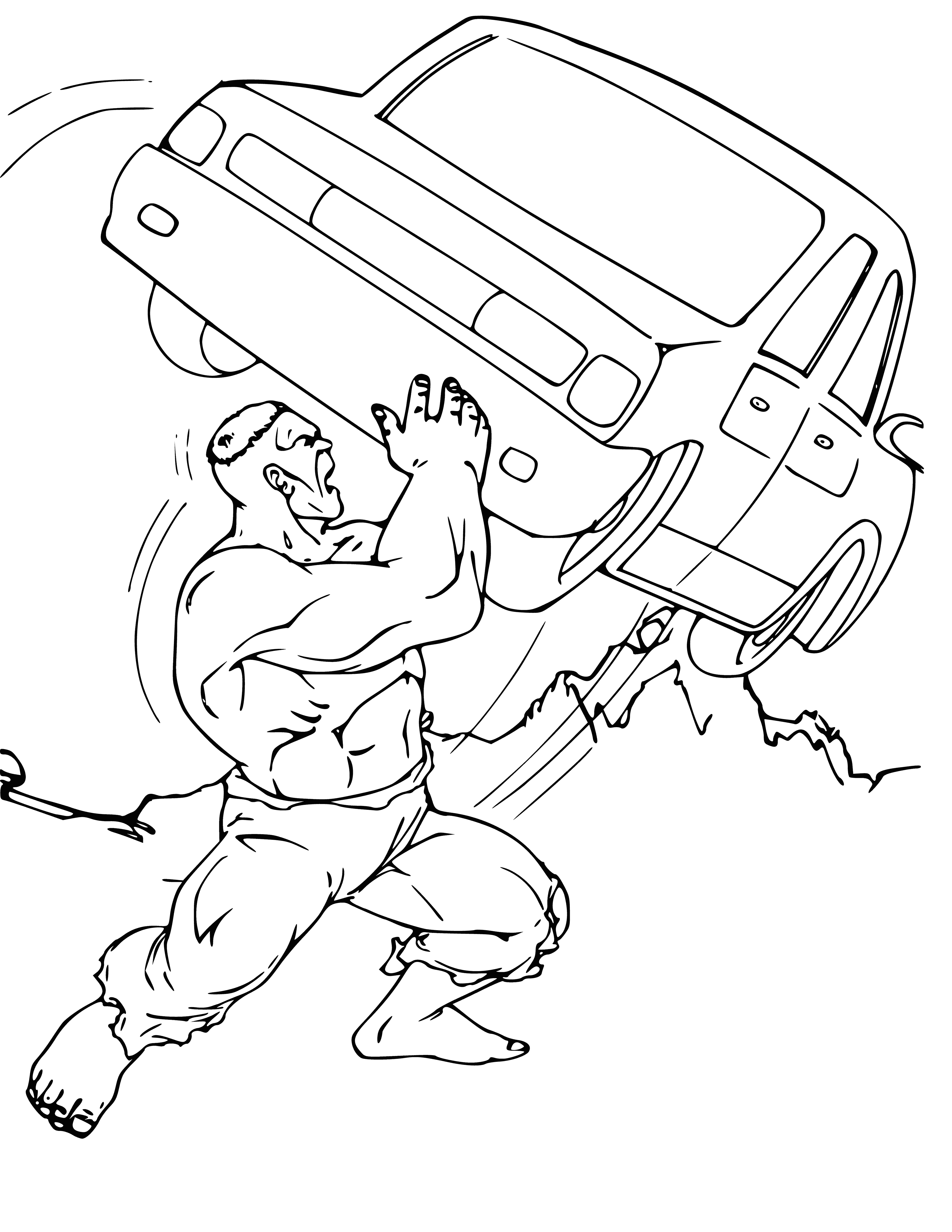 coloring page: The Hulk is a green, muscular creature prone to destructive rampages and feared by civilians and superheroes alike.
