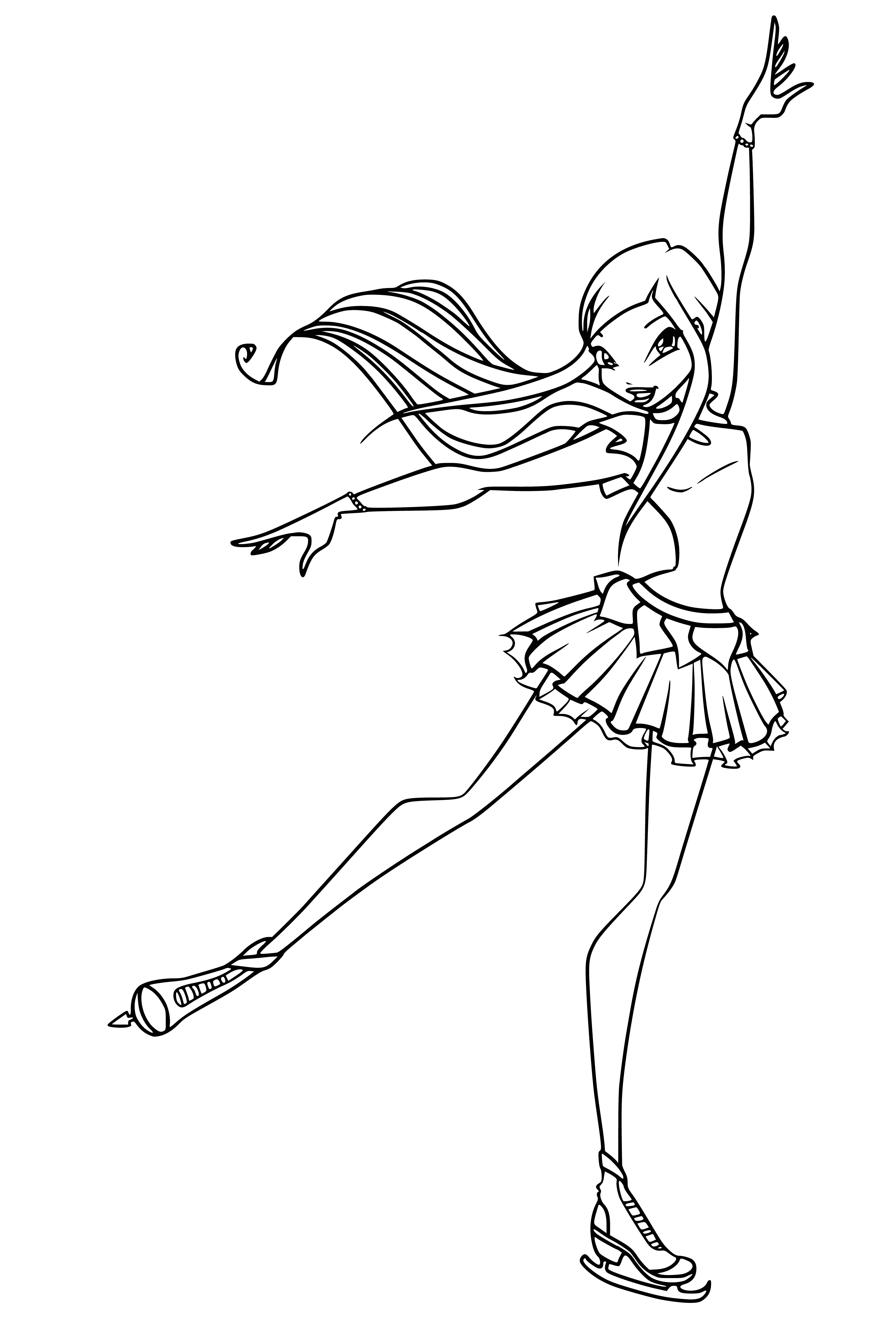 coloring page: Skaters performing jumps and spins on an indoor rink, lit up by overhead lights reflecting off the glossy surface.