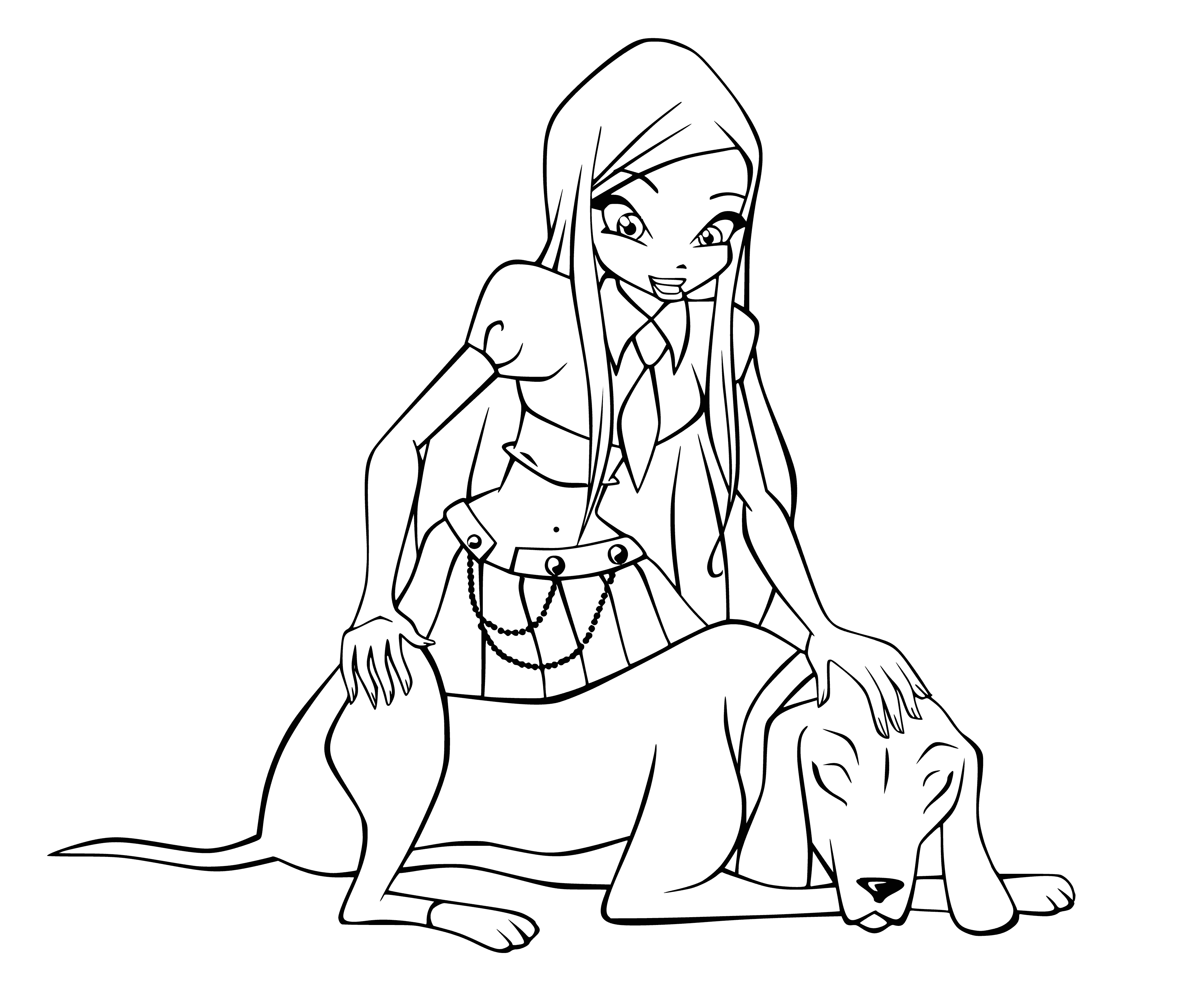 coloring page: Woman in blue dress on porch swing w/ dog, long brown hair; brown sandals complete the look.