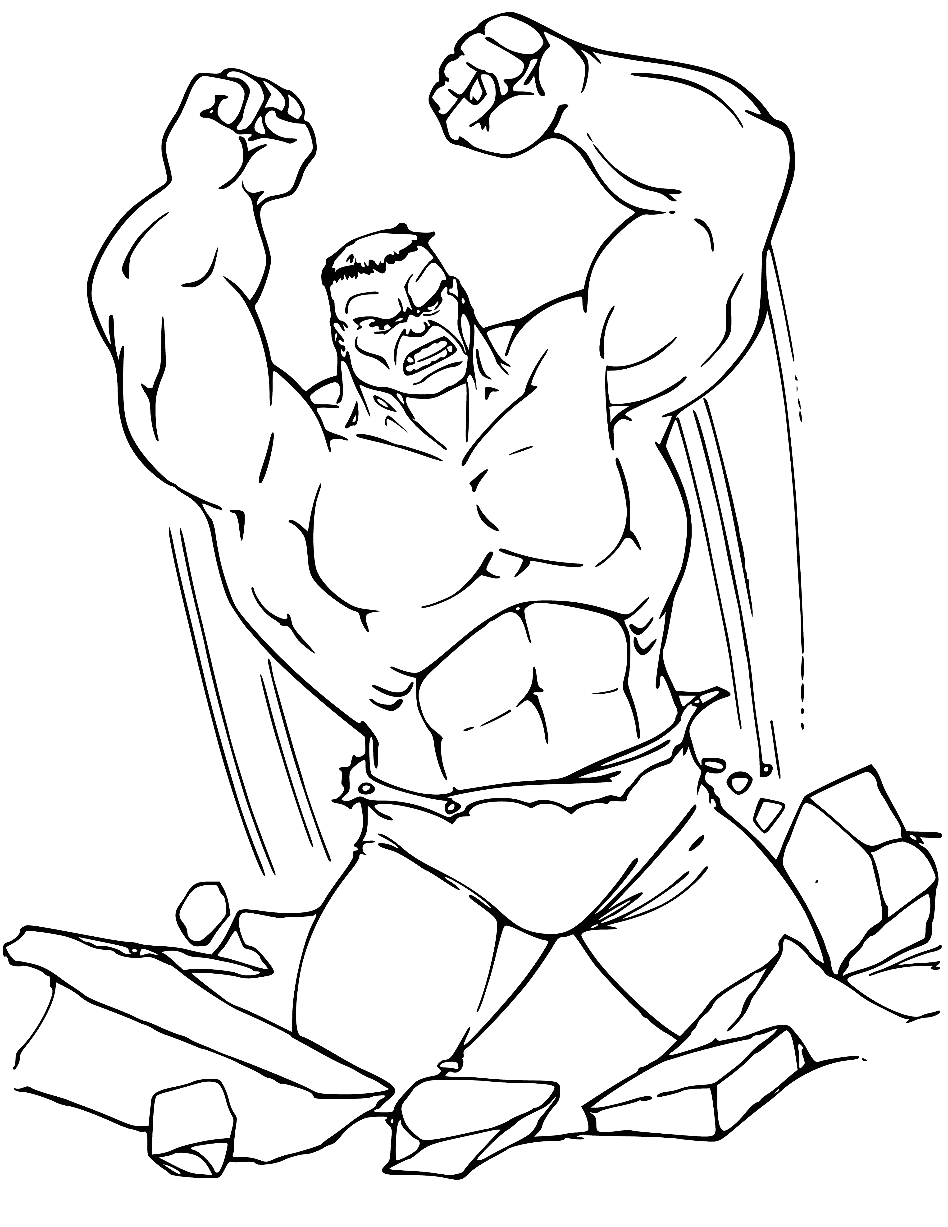 coloring page: The Hulk is a green, muscular giant with large hands & feet and an angry expression, wearing purple torn pants. #Marvel