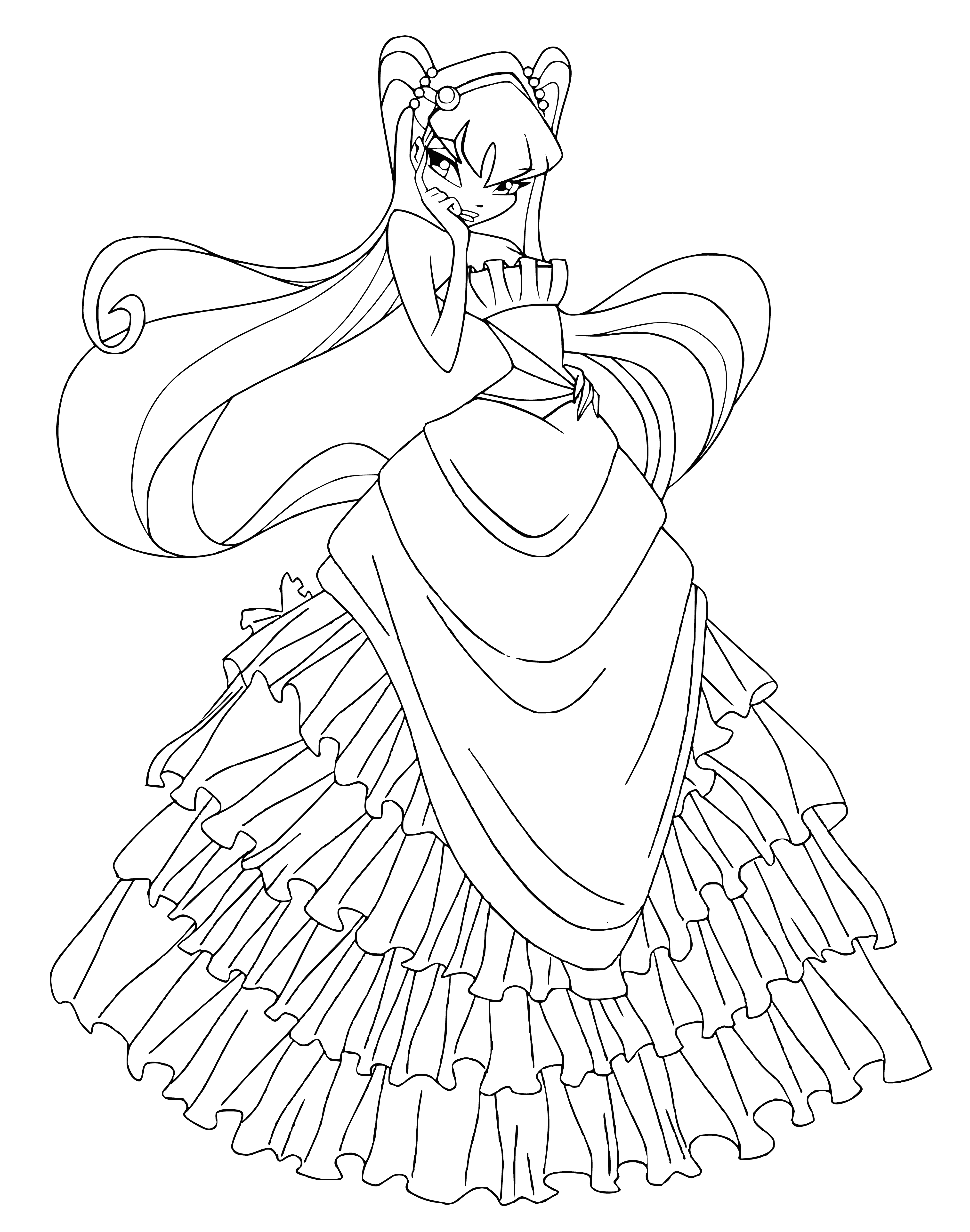 coloring page: Beautiful Stella in a white dress, hair in a bun, wearing a necklace and a big smile!