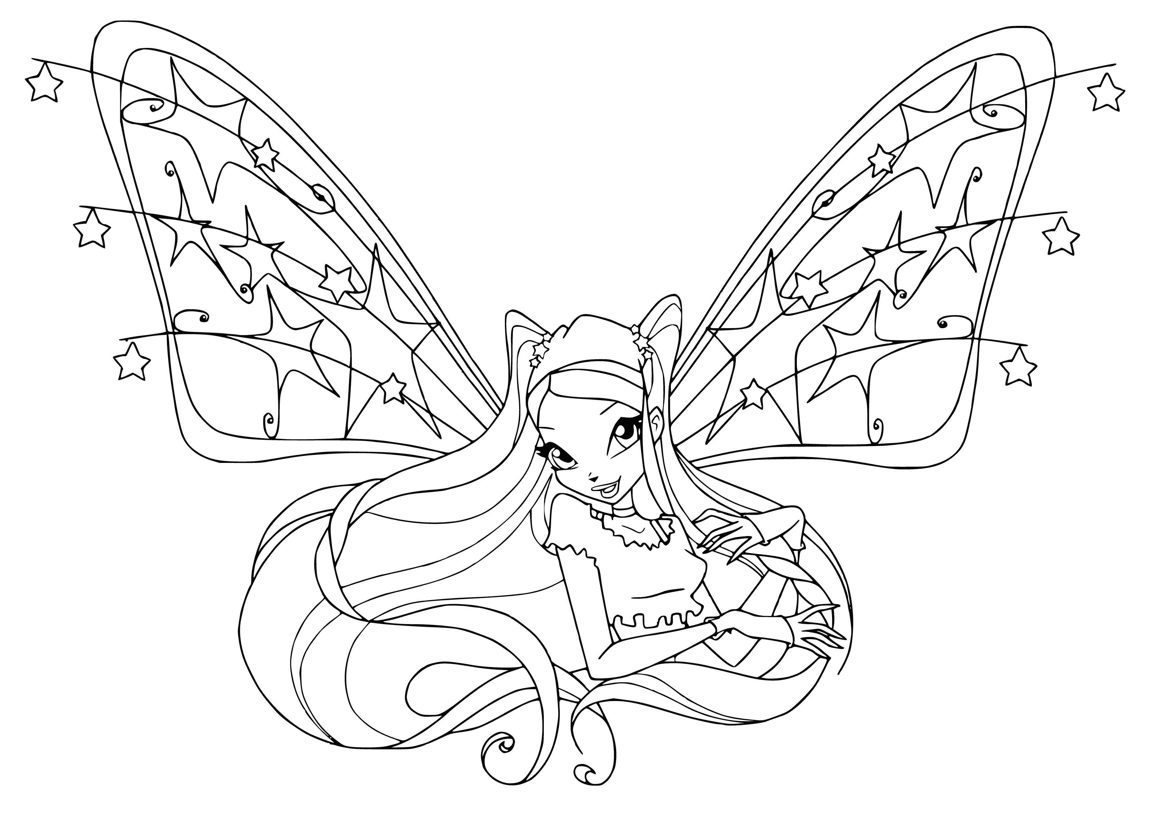 Fairy Stella is flying with her wand, surrounded by a colorful aura. #FairyStella #BelievixWand #ColoringPage