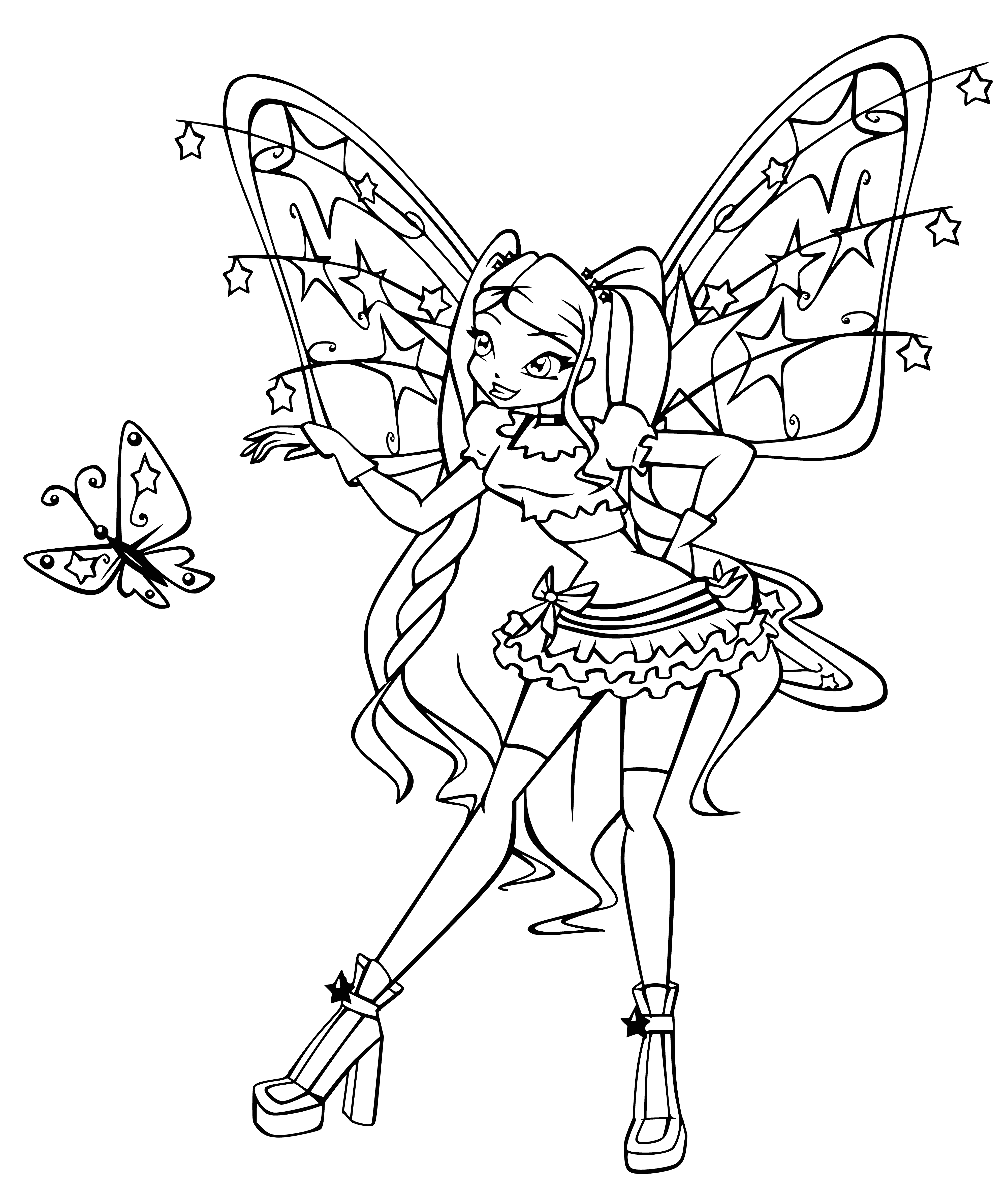 coloring page: Stella is a pink-haired fairy with butterfly-like wings, in a magenta dress & purple high-heeled shoes, wearing a silver necklace & tiara with a pink gem.