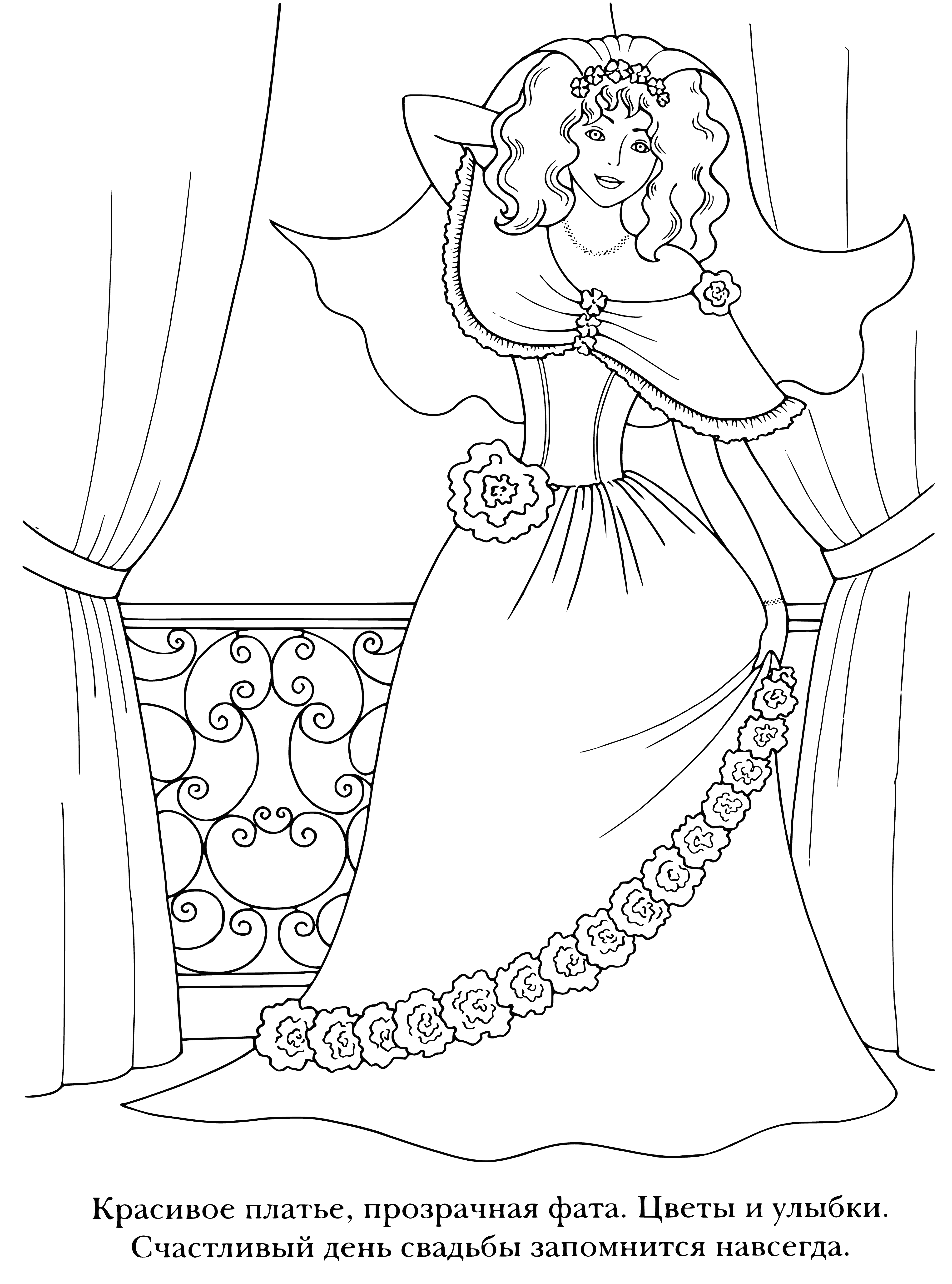 coloring page: Beautiful bride in a gown with a transparent veil and flowing hair happily walks down the aisle to marry.
