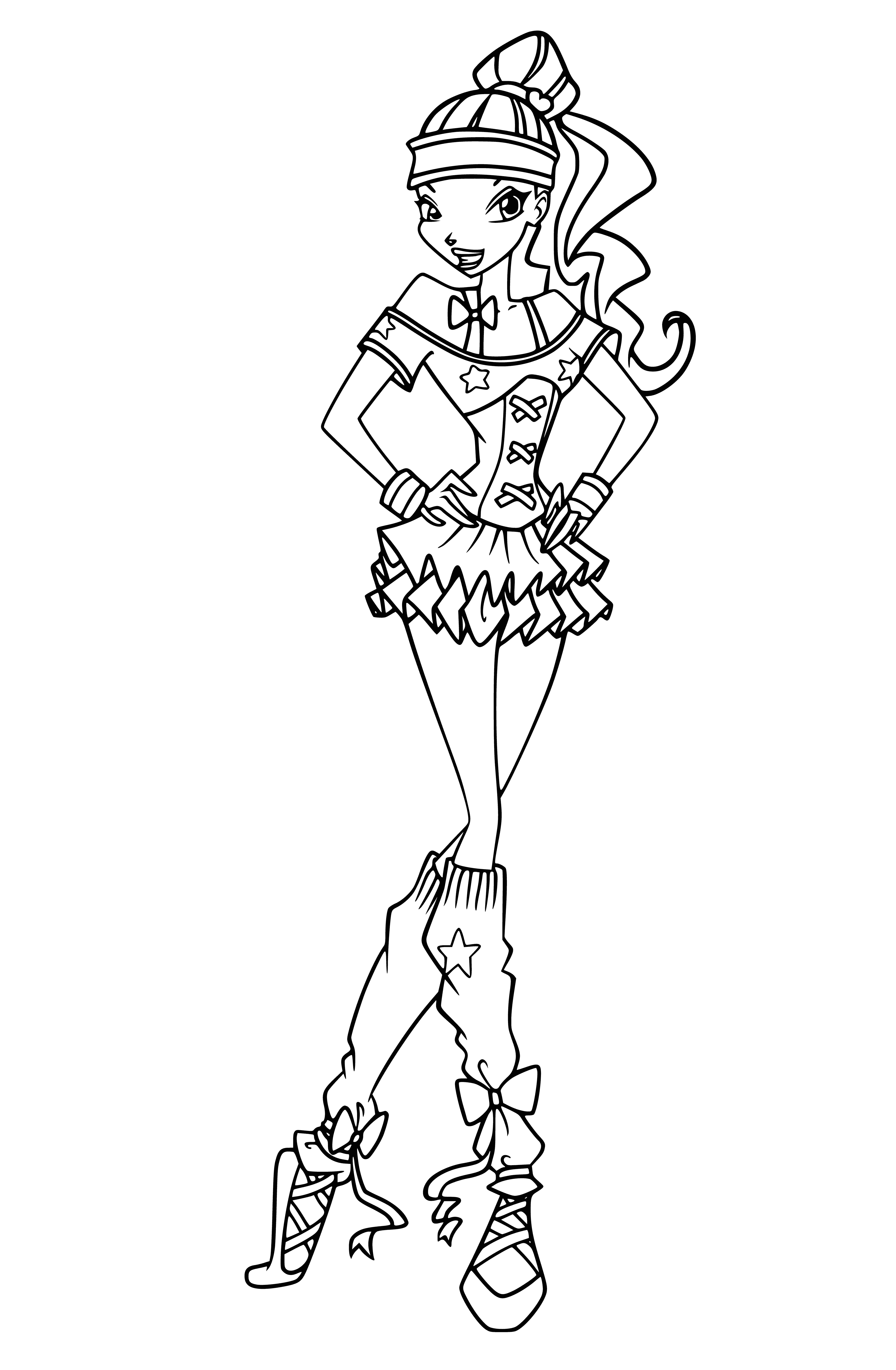coloring page: Girl in dance costume w/ full skirt, green ribbon & serious expression.