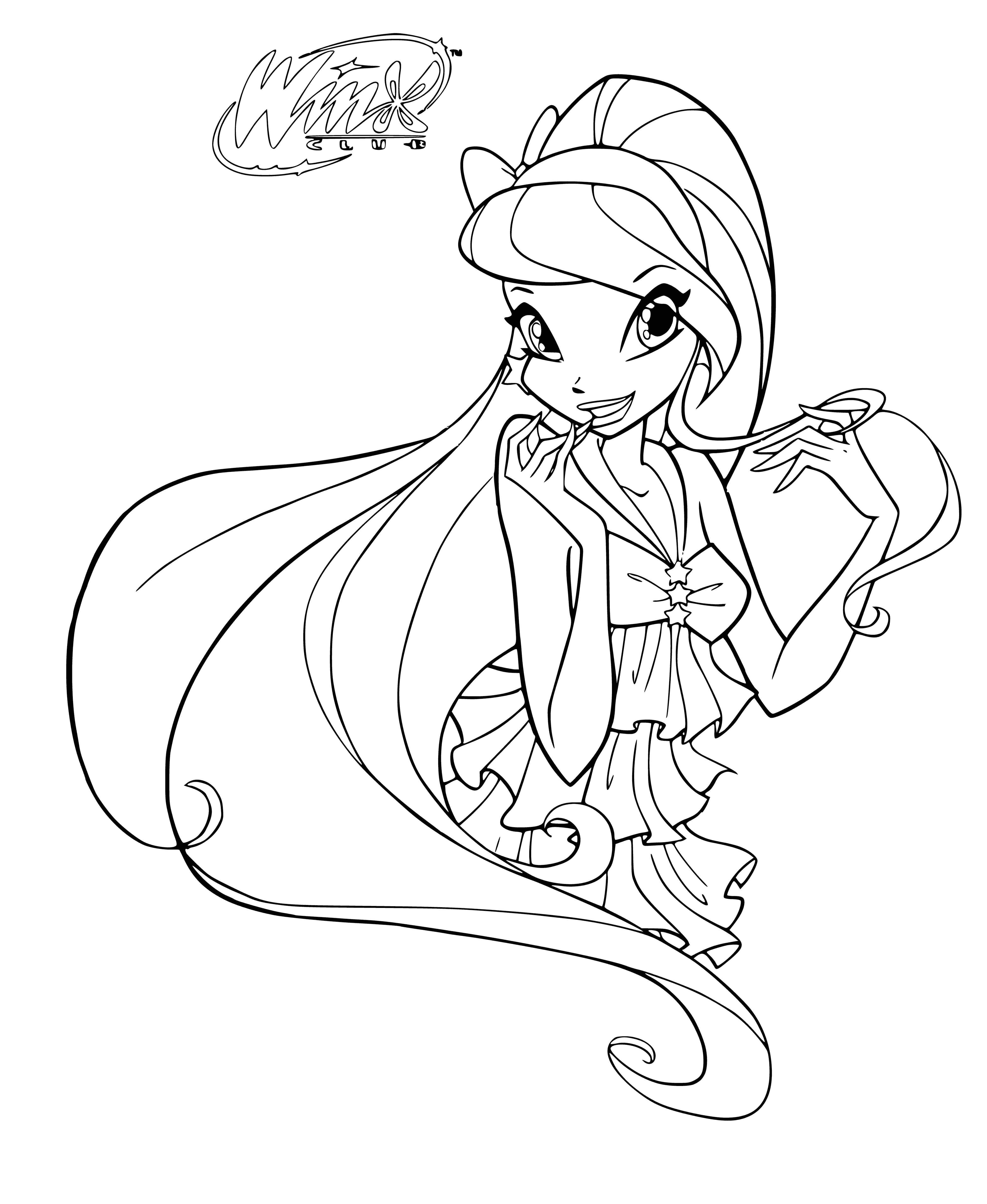 coloring page: Stella is the leader of the Winx Club, a group of fairies from Solaria; she has the power to control the sun & stars & is kind-hearted yet headstrong.