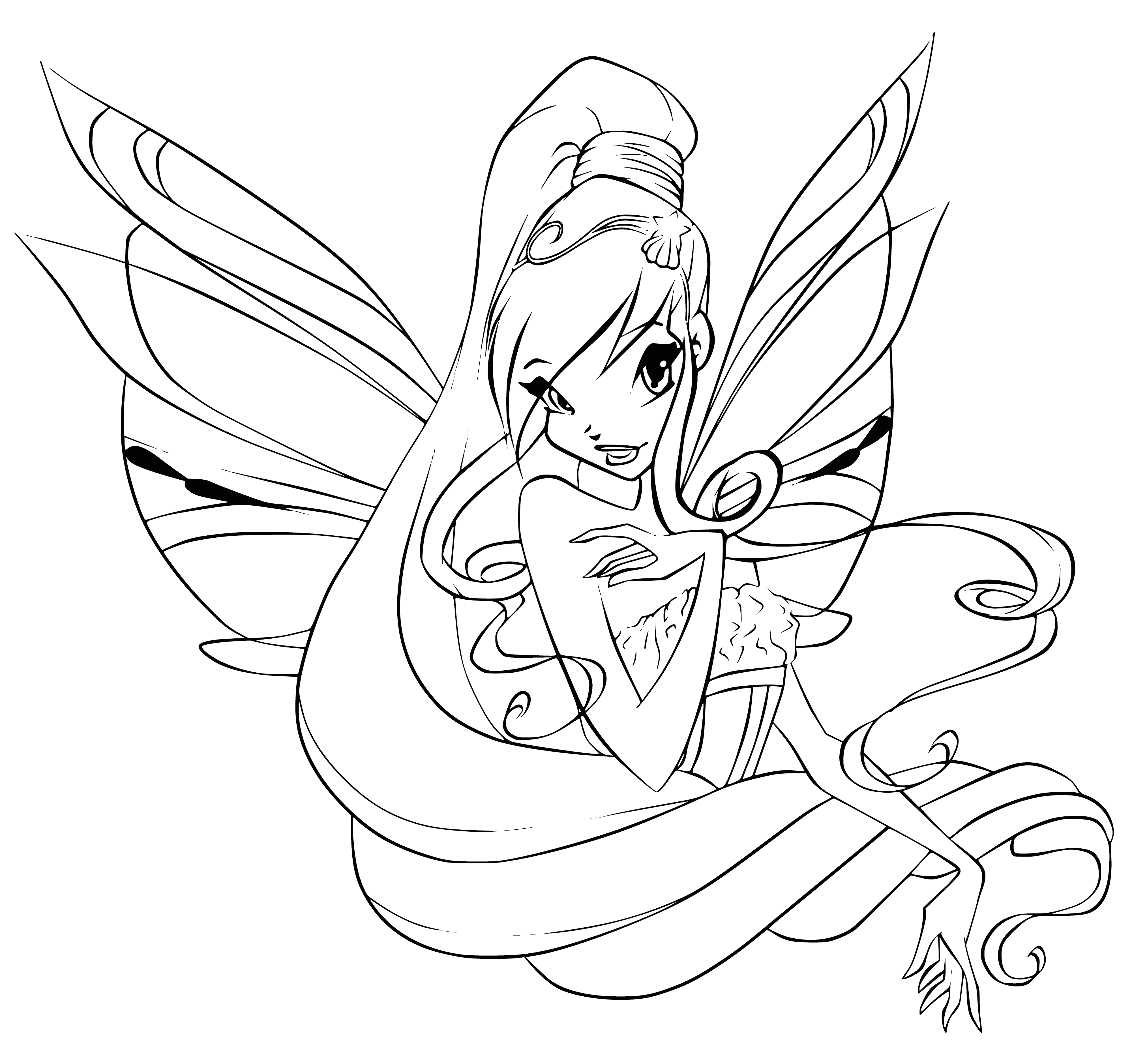 coloring page: A beautiful woman with wings, billowing hair, and a white dress. Ready to fly away with strength and power.