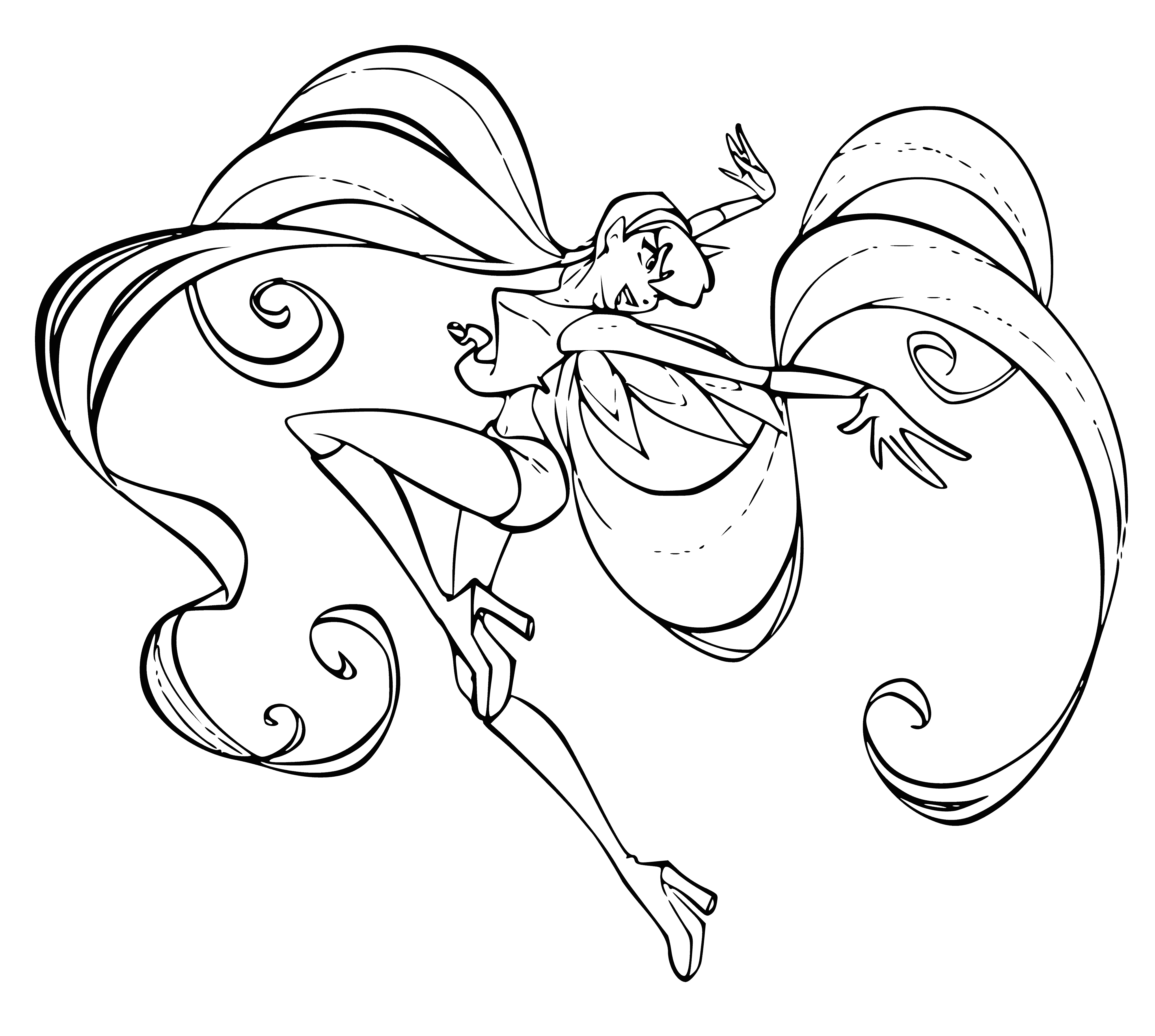 coloring page: Fairy Stella flies through the sky with blonde hair, blue eyes, a pink dress adorned with white flowers, and blue and white wings.