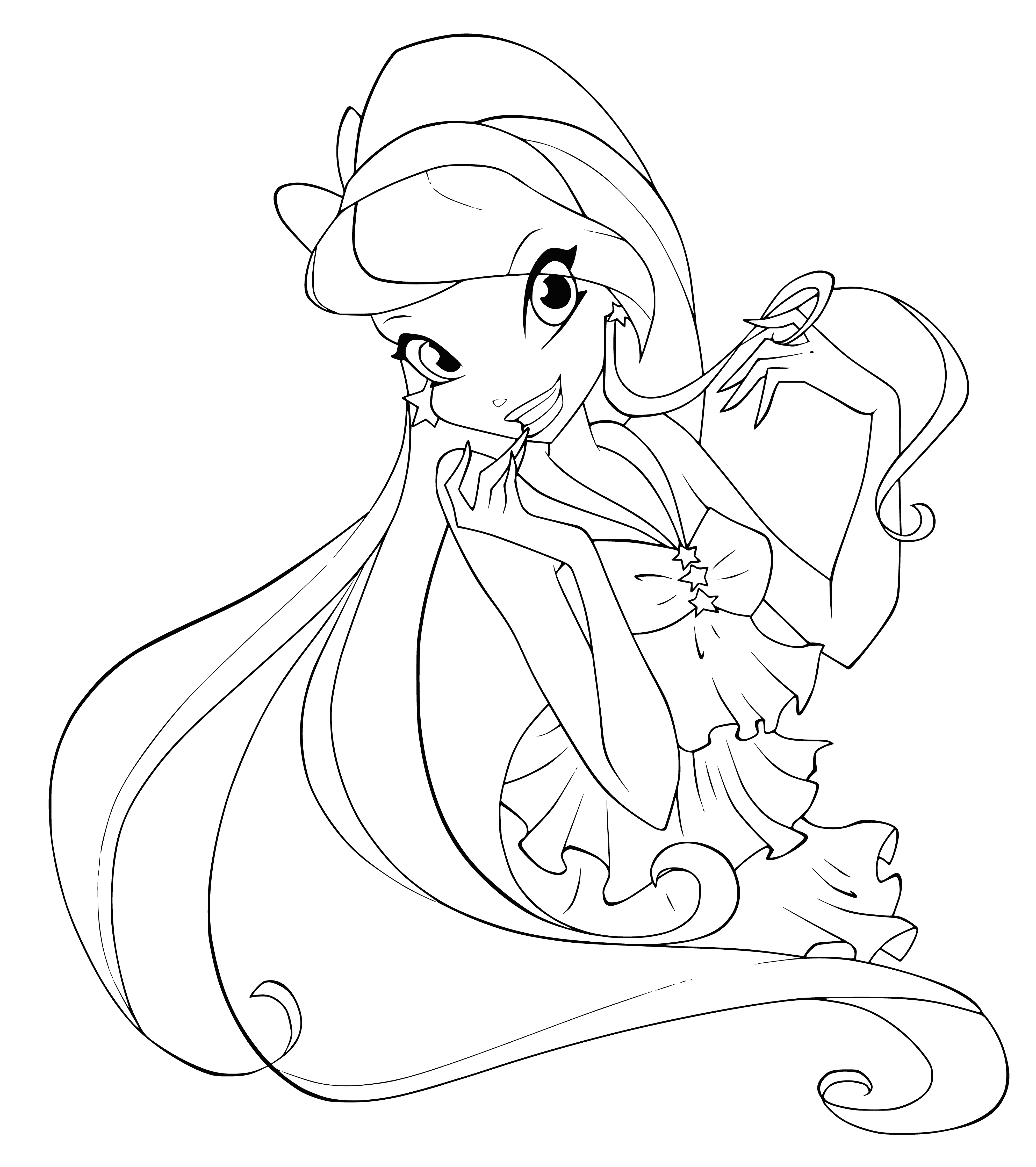 coloring page: Young woman looks at camera wearing light blue sweater, small smile on her face.