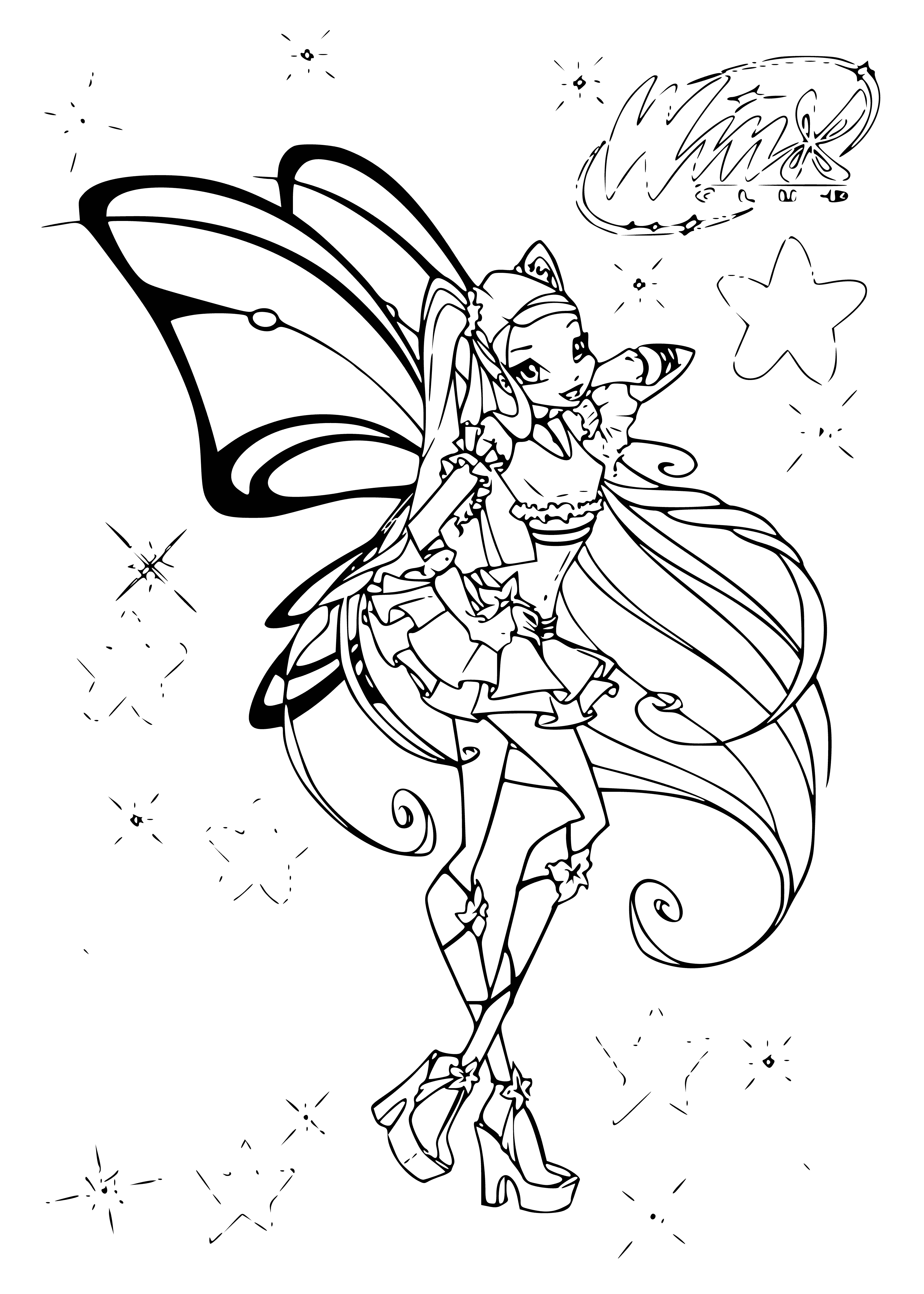 coloring page: Stella, a fairy with glittery wings, dress & wand with star-shaped end, sits atop a toadstool with blonde hair & blue eyes.