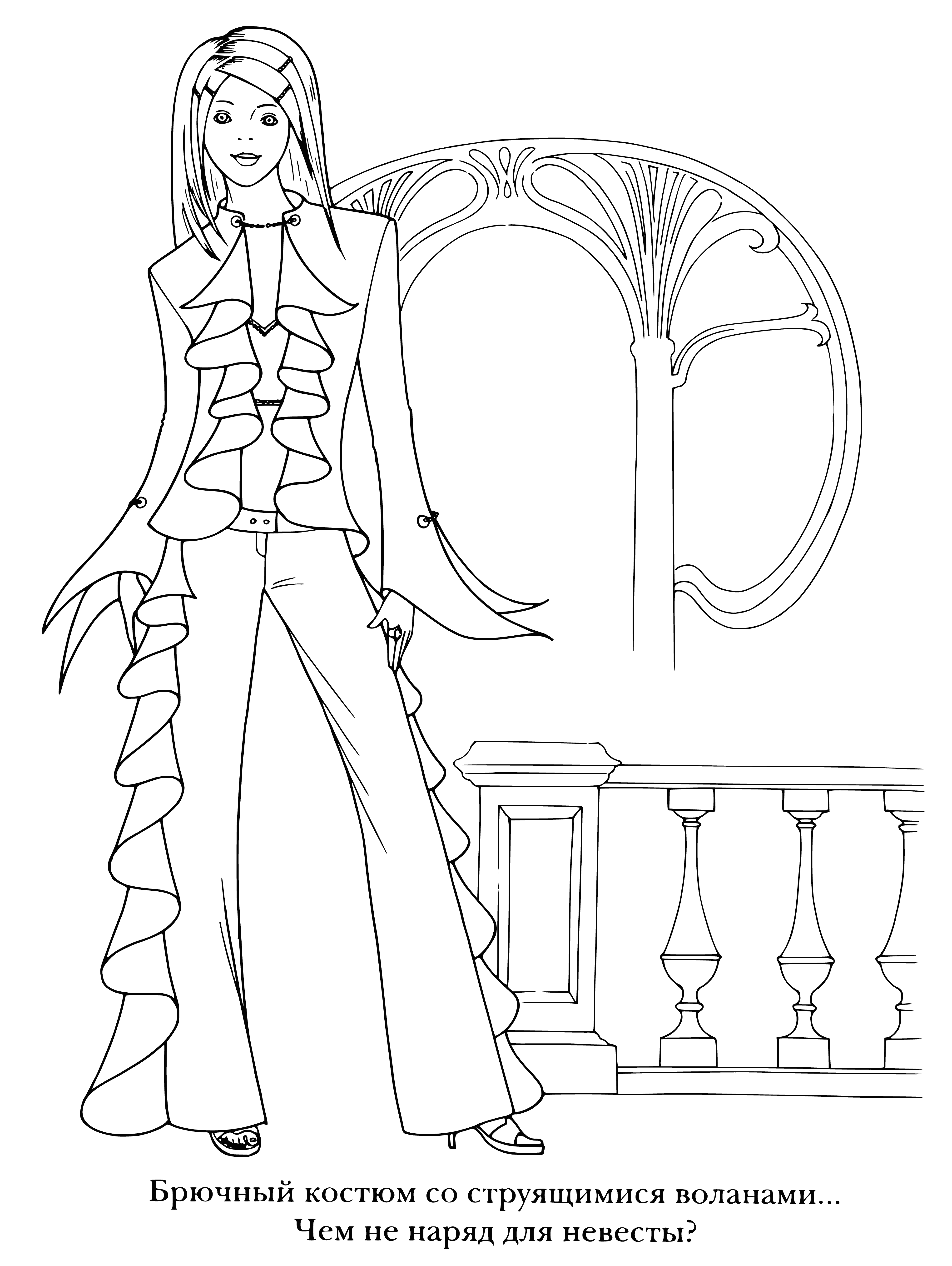 coloring page: Radiant bride radiates grace & elegance in sparkling white pantsuit; veil cascades down her back. We cannot look away.