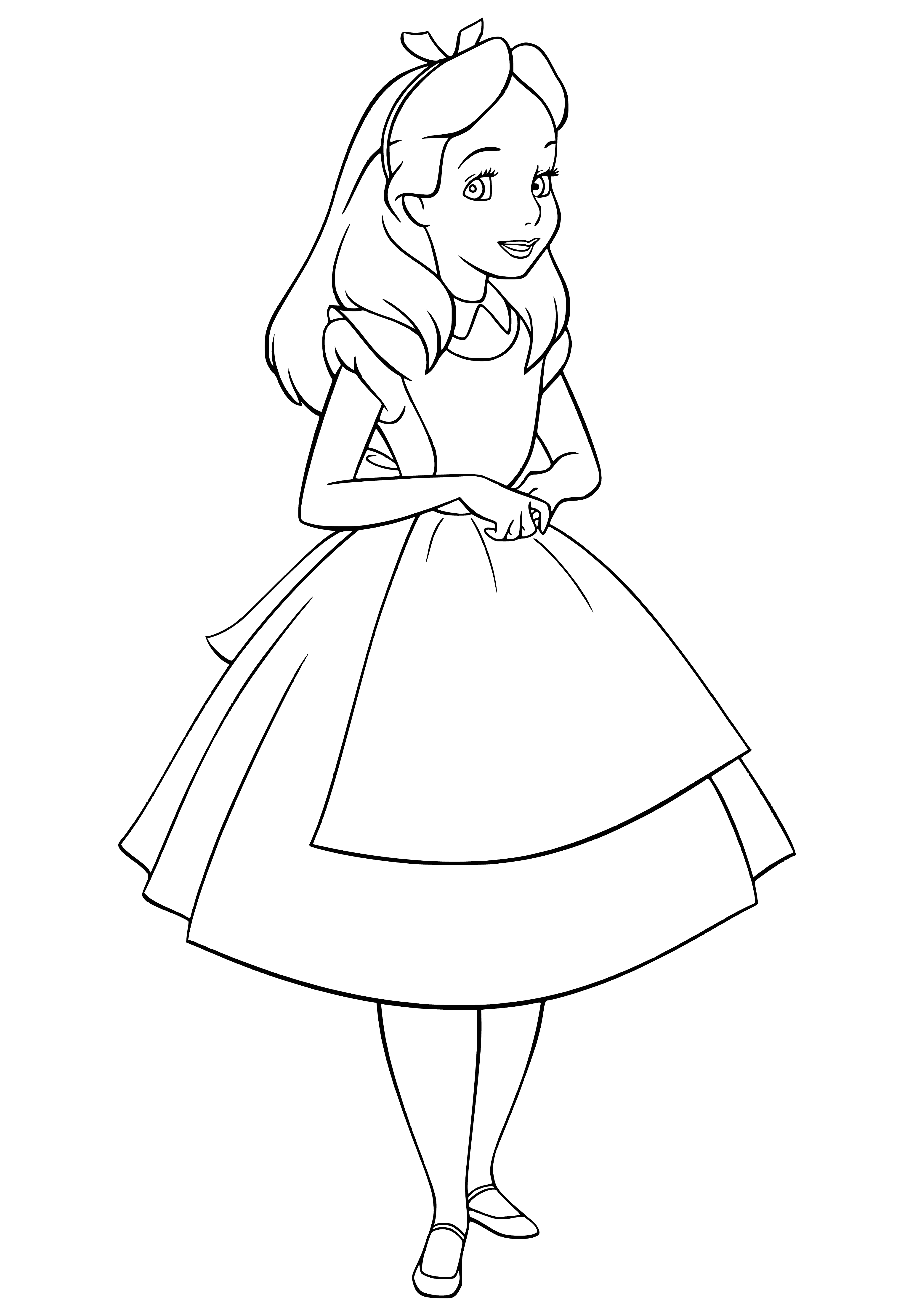 coloring page: Girl in coloring page is Alice, blonde hair, blue eyes, white dress, black belt & shoes, holding book in right hand.