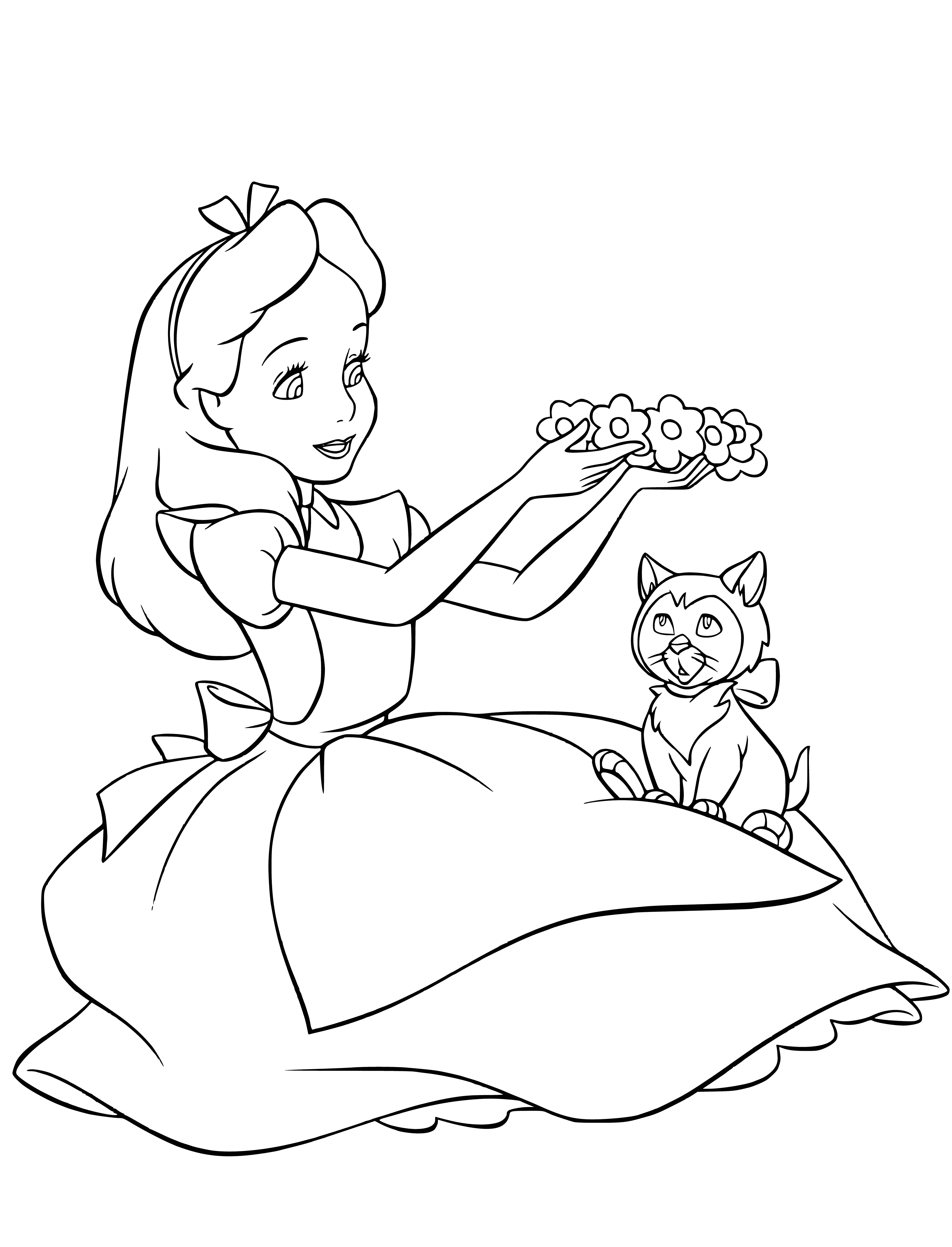 Alice plays with a kitten coloring page