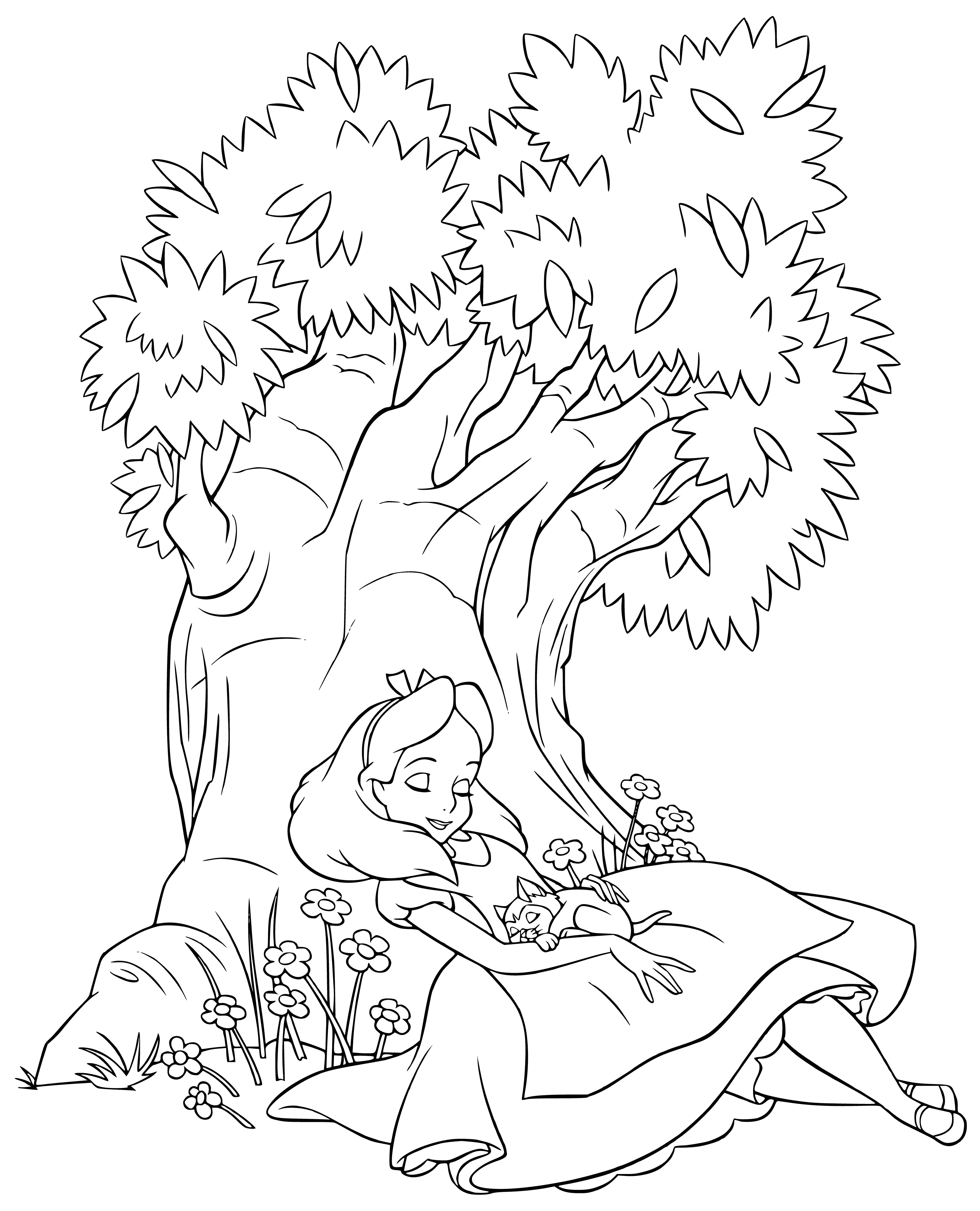 coloring page: Alice sleeps under a tree, wearing a blue dress & white apron. A black cat rests near her. #naptime #catsofinstagram