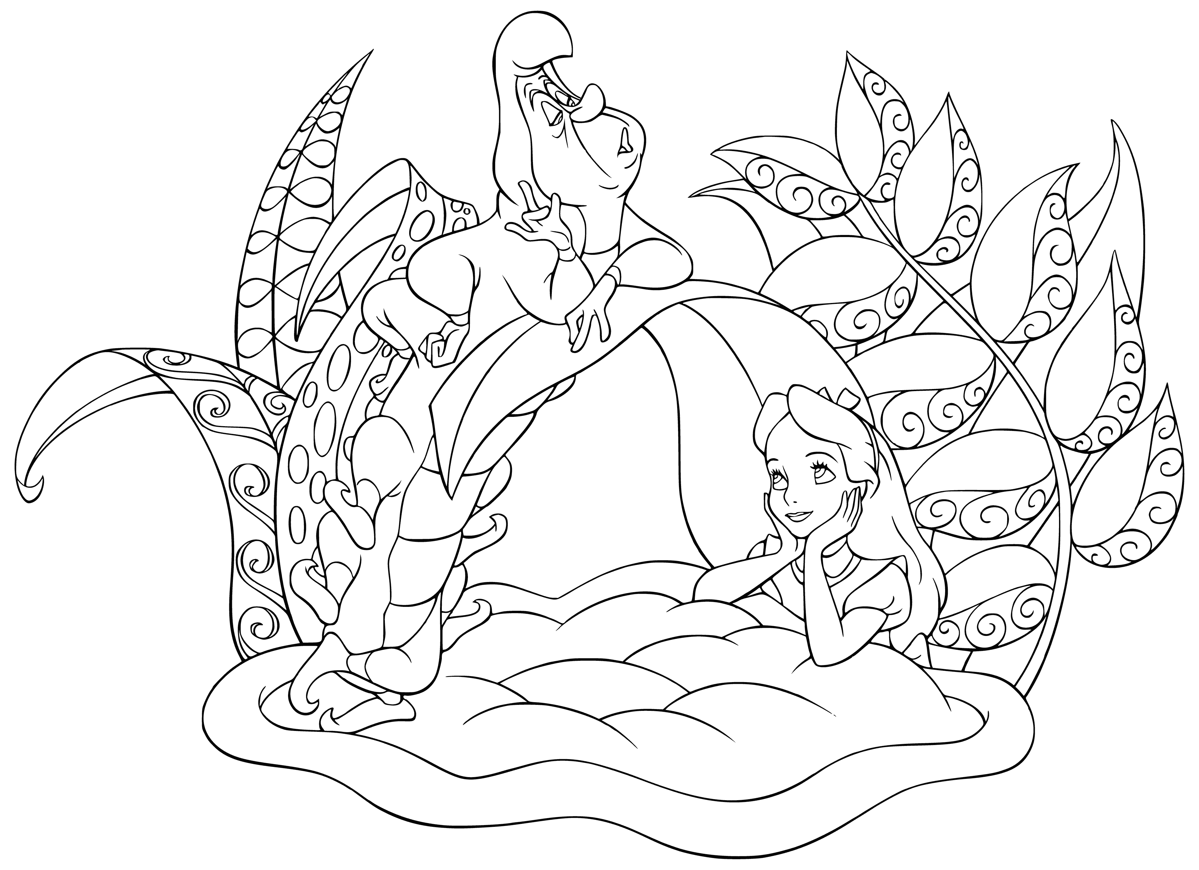 coloring page: Alice talks to a Caterpillar smoking a pipe with large, striped body.
