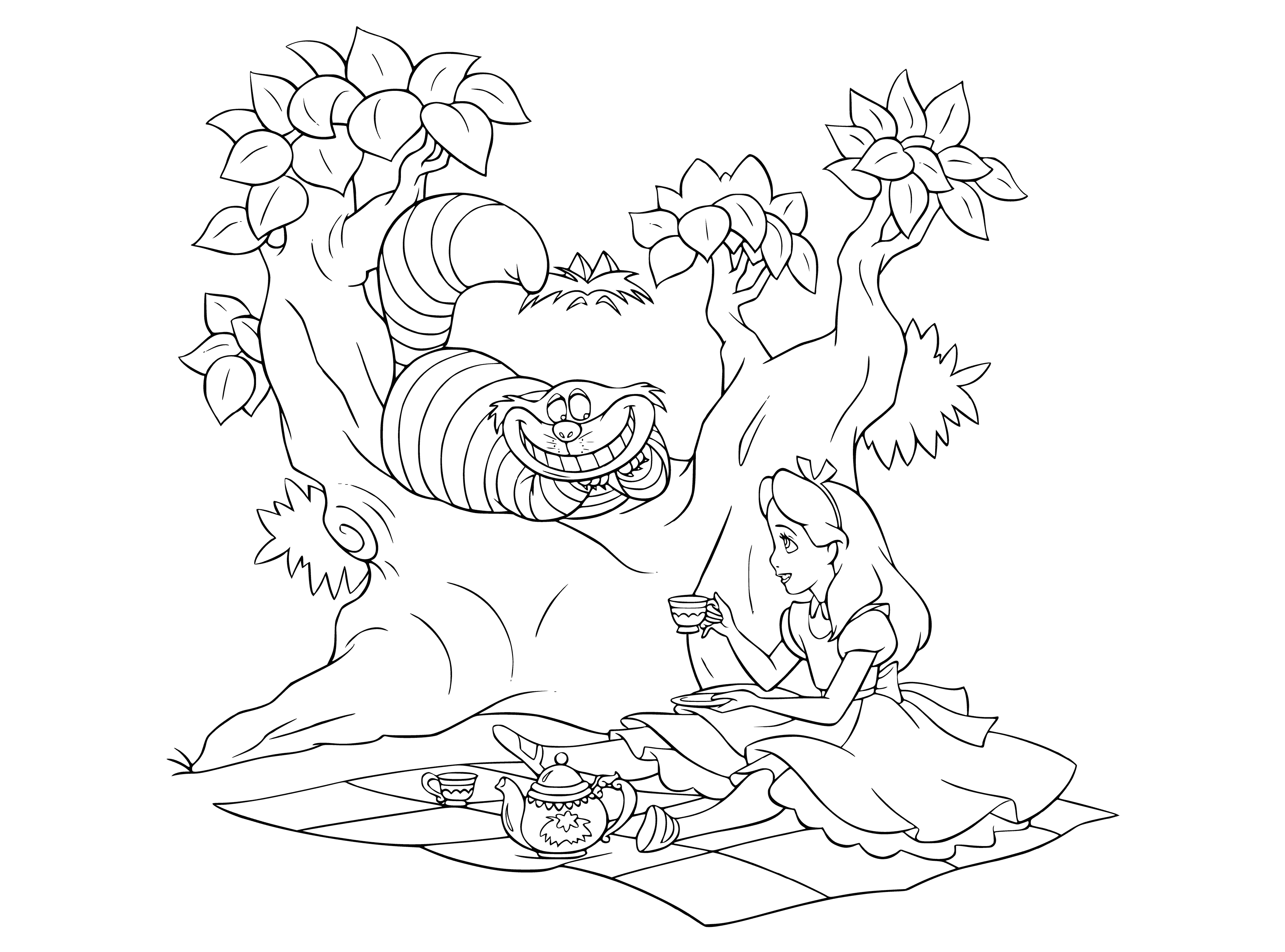 Tea party with a cheshire cat coloring page