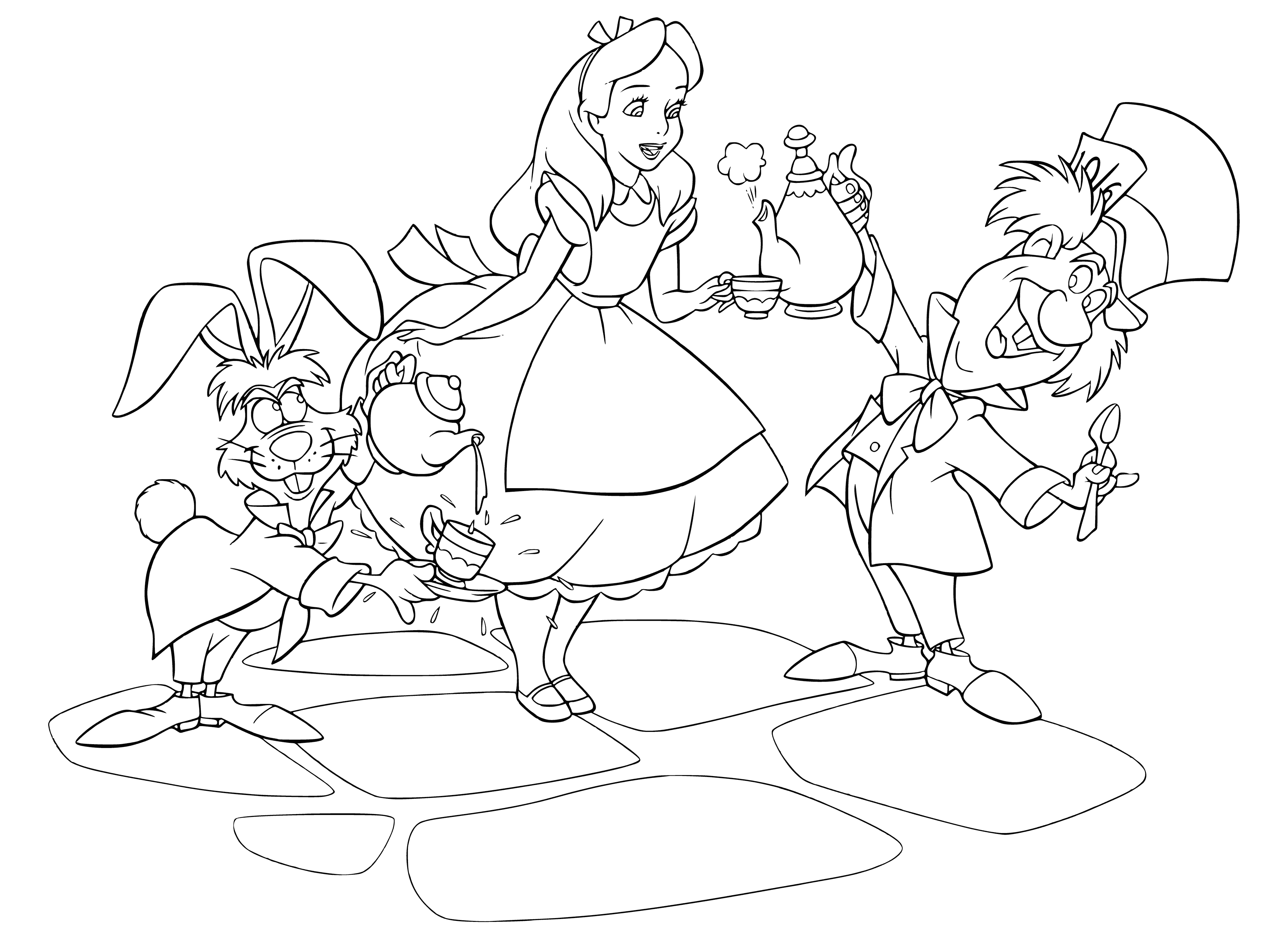 coloring page: Alice, Hatter & March Hare at a tea table. Alice looks curious, Hatter mad as March Hare pours tea.