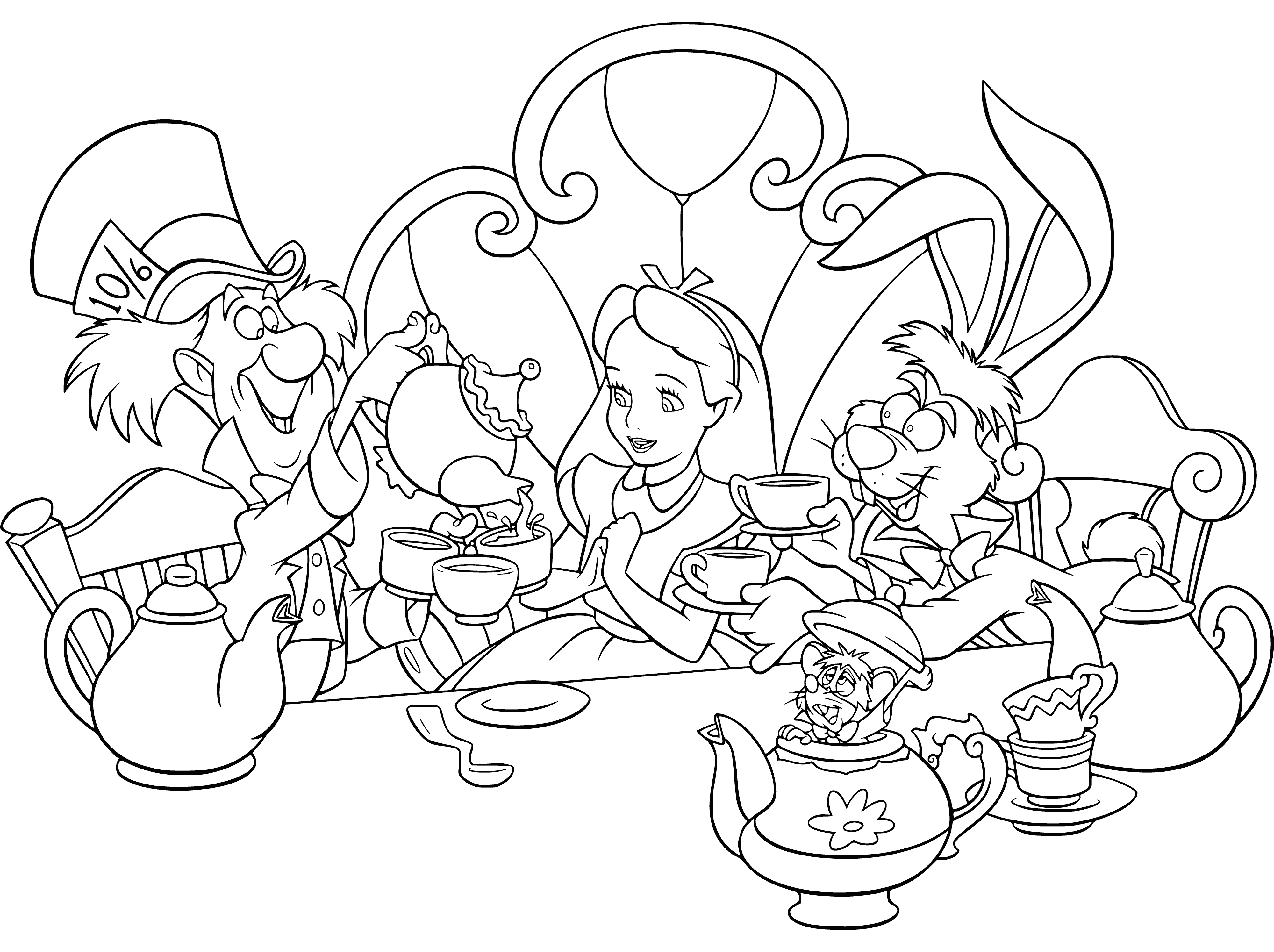 coloring page: Alice sits with tea & cake, looking at pot with a smile, enjoying a peaceful moment.