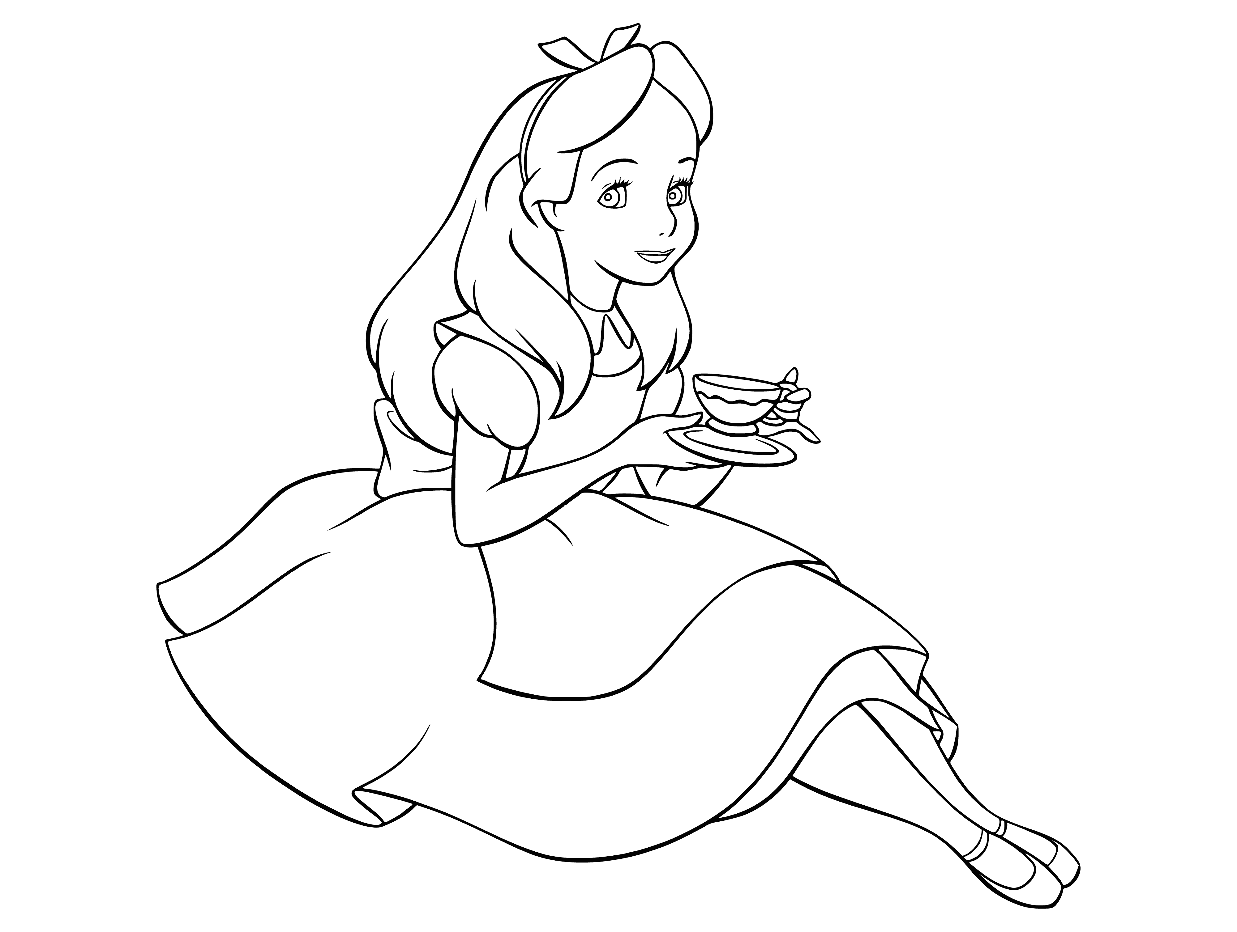 coloring page: She's gripping a big cup eagerly, eyes wide and mouth open, about to take a big sip.