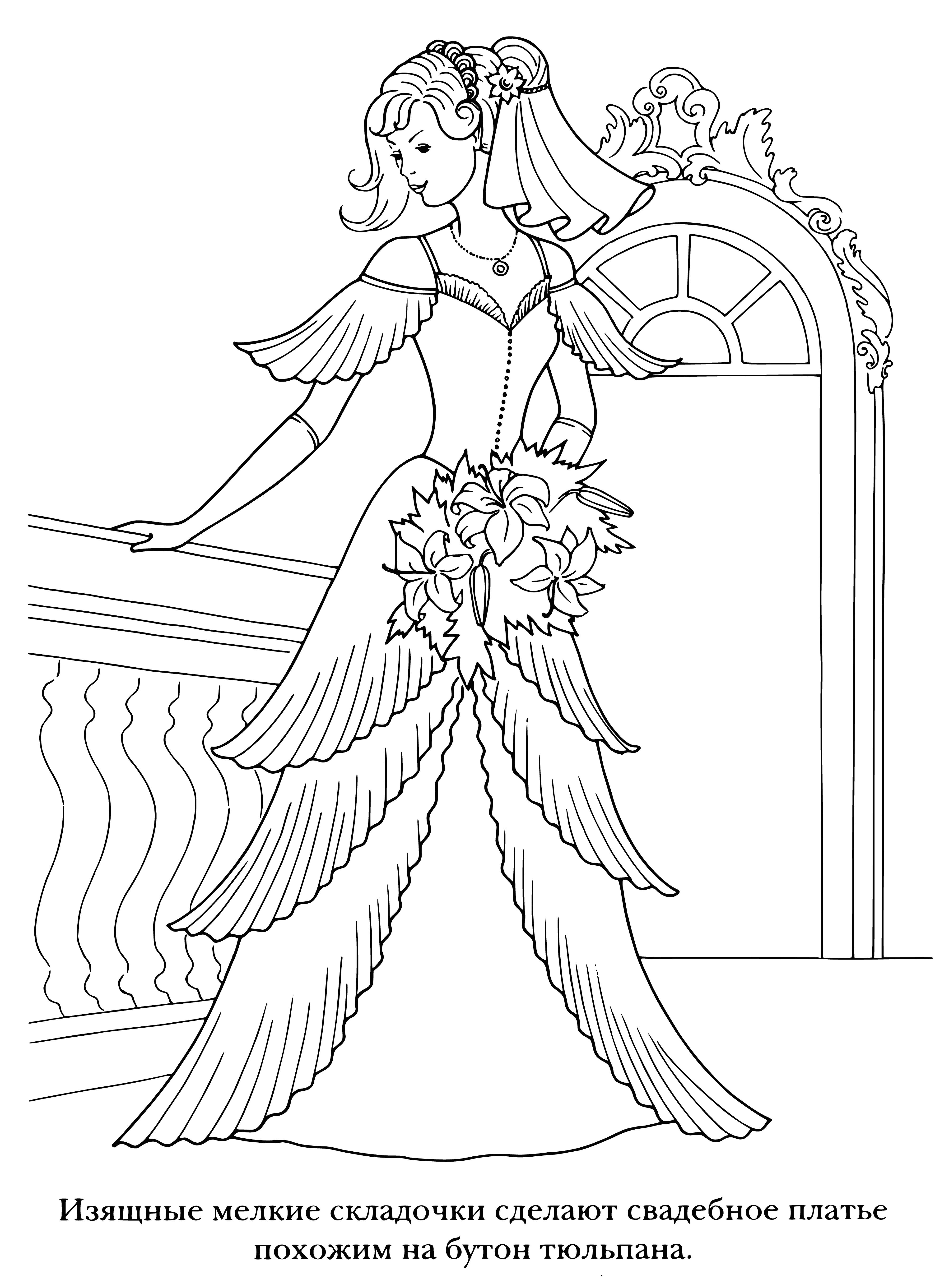 coloring page: Bride in coloring page is beautiful! She has long flowing hair, perfect makeup, and wears a stunning white dress w/ intricate beadwork & lace - looks like an angel!
