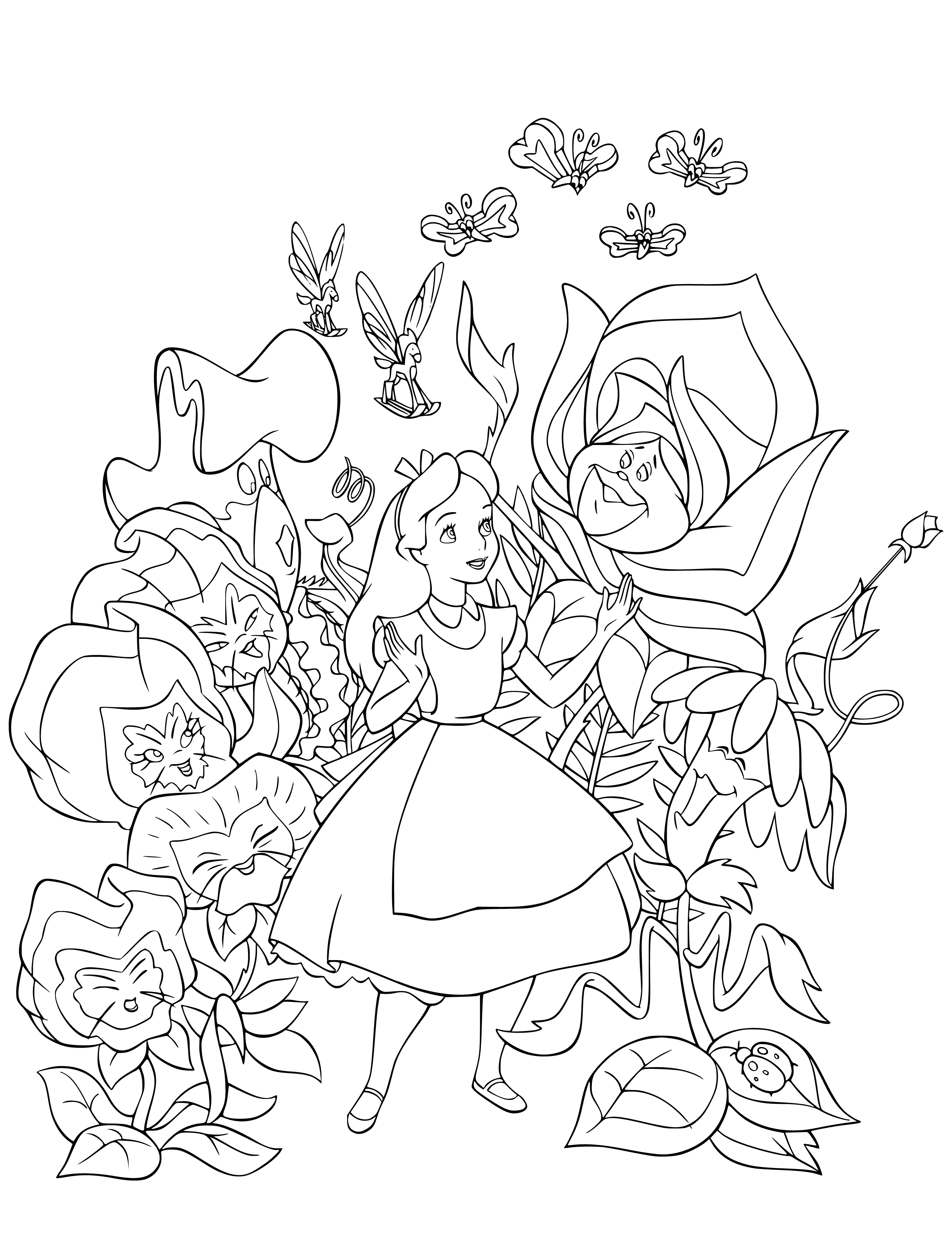 coloring page: Alice's Wonderland, flowers w/ black spots, blue/white w/ butterfly, big tree w/ yellow/black bird; magical setting.