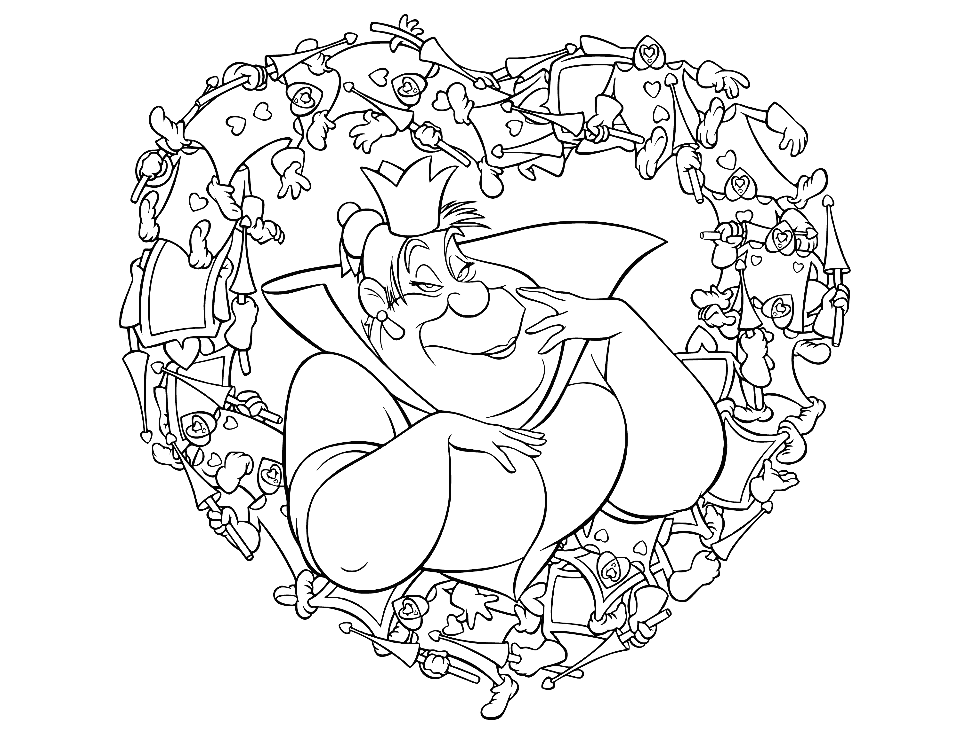 coloring page: A big heart crowned by gold at the center, with smaller hearts and a throne in the background. #love
