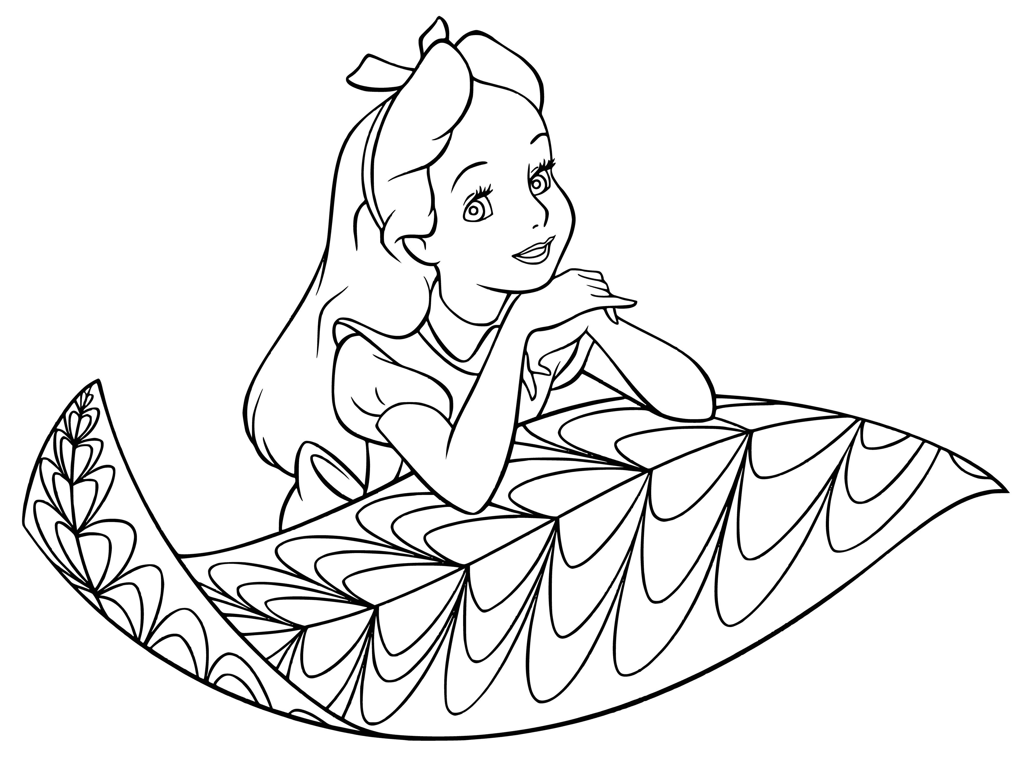 coloring page: Alice holds key, curious & excited, standing in front of large door.