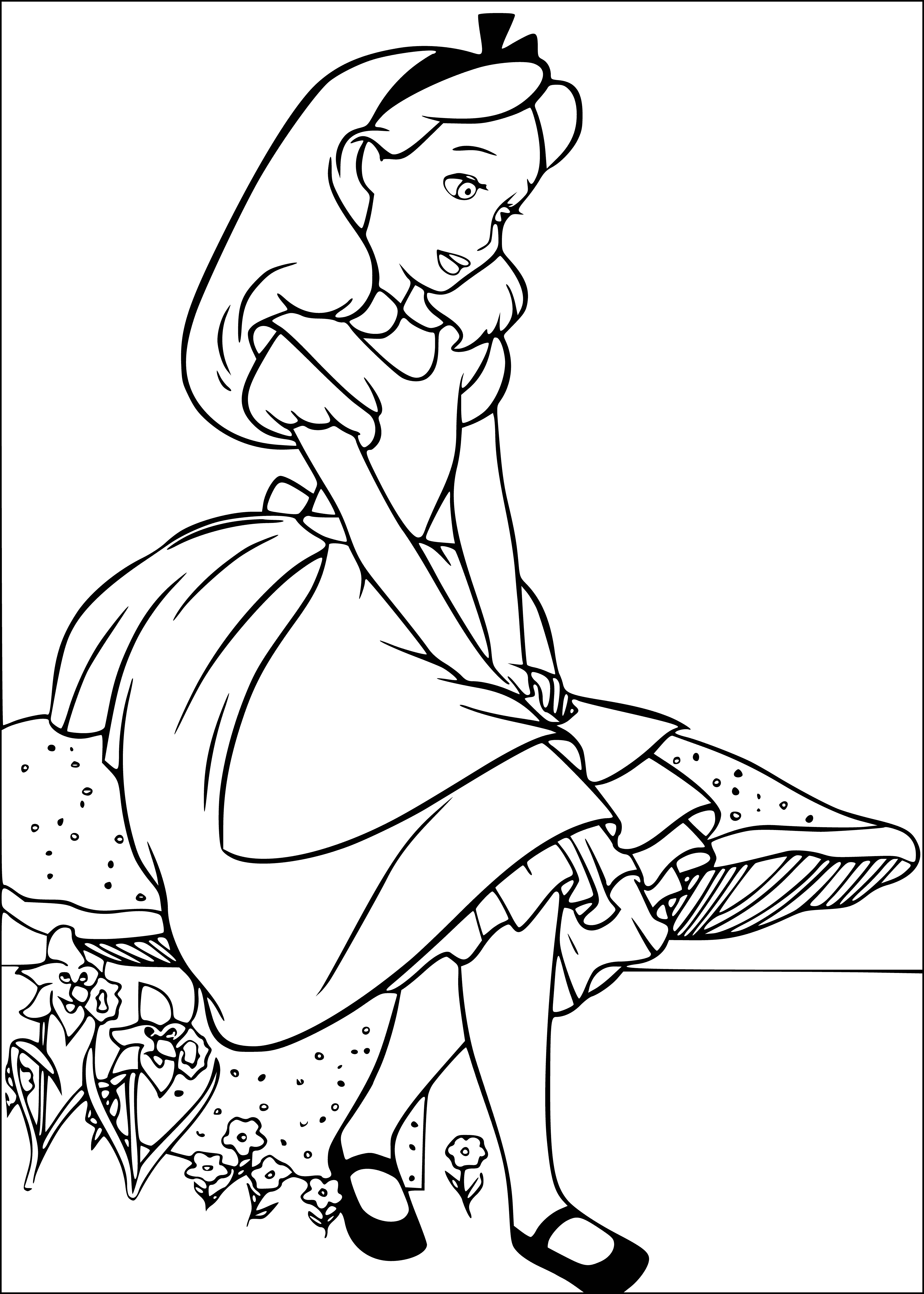 coloring page: Alice stands nervously before a toothy mushroom. Fearful