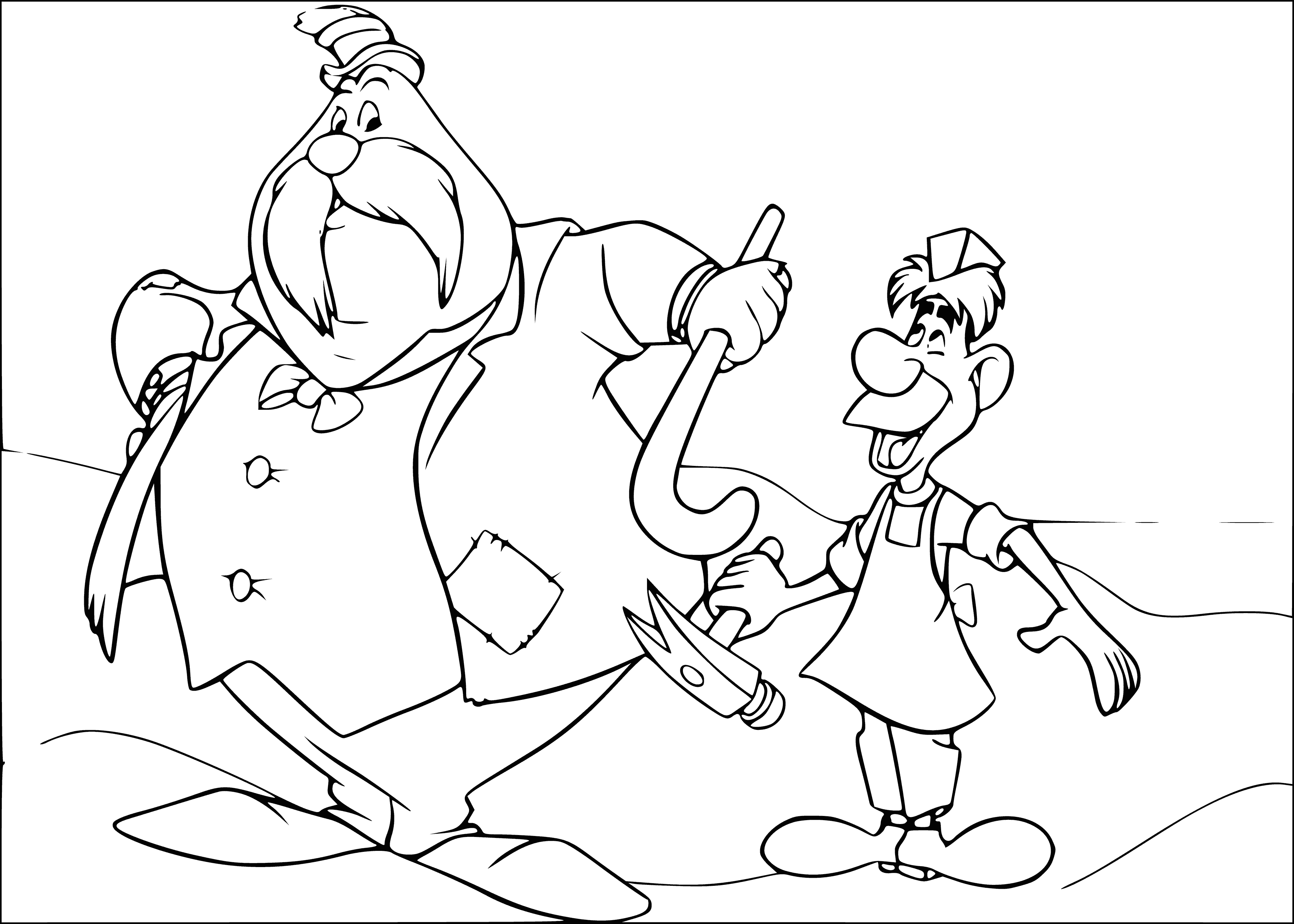 coloring page: The Walrus and Carpenter from "Alice in Wonderland" go on a beach walk and the Walrus convinces the Carpenter to eat some oysters by saying they are happy to be eaten.