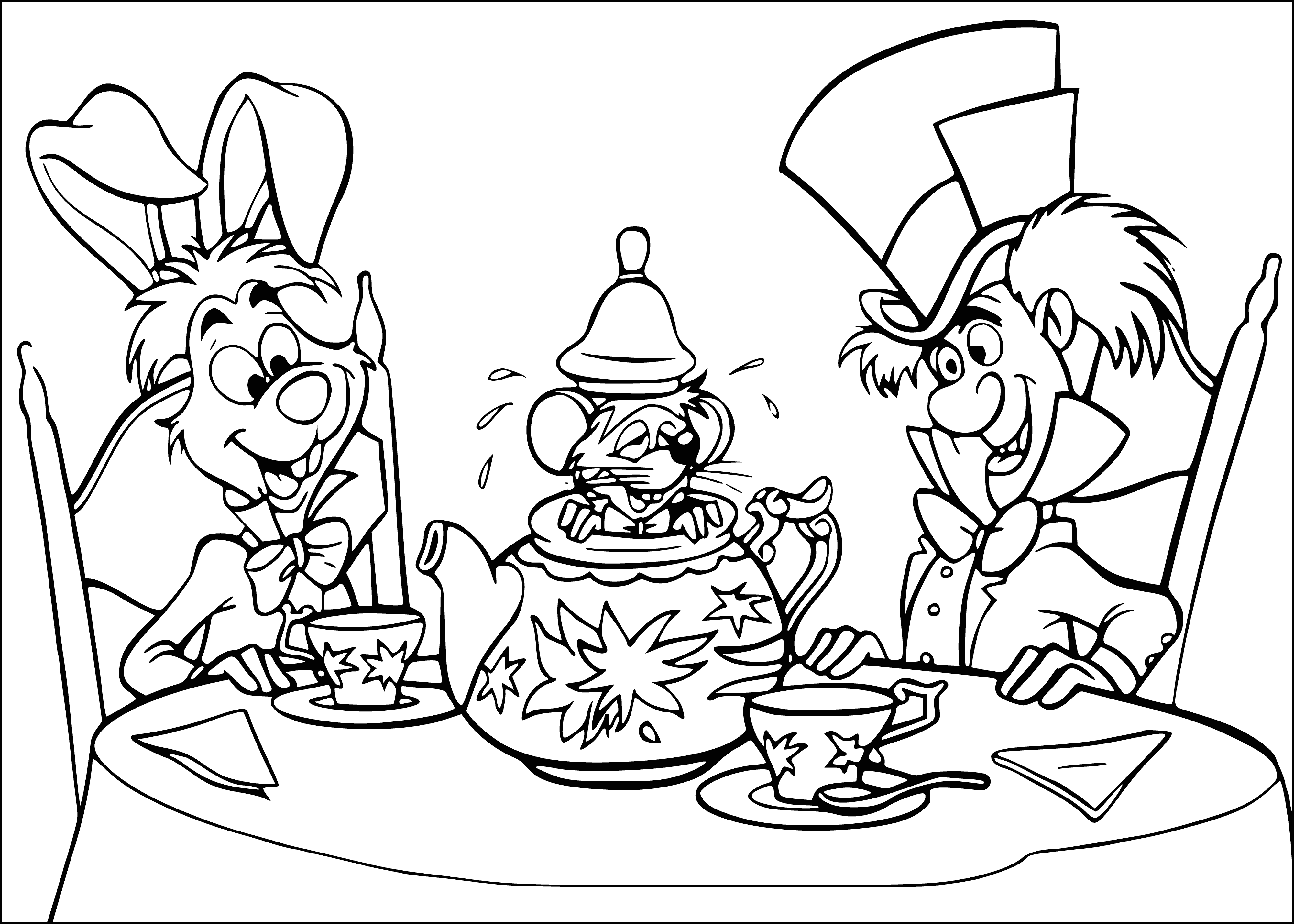 coloring page: A large rabbit sits startled & worried at a table with a teapot & 2 cups, wearing a blue bowtie & coat, large watch on paw & long whiskers.