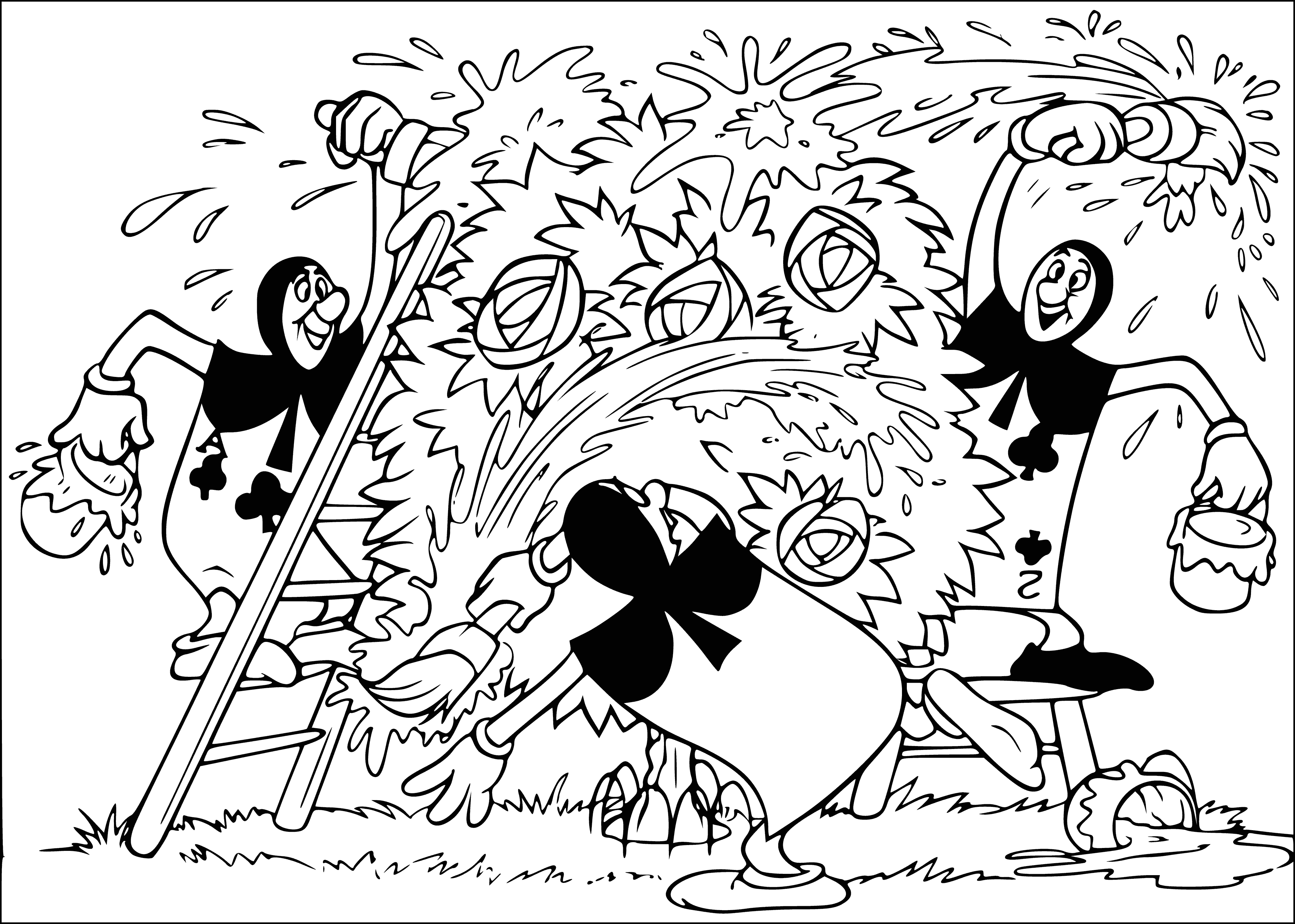 coloring page: Alice, enchanted by the grinning Cheshire Cat, picks a velvety crimson rose from the bush when confronted by its beauty.