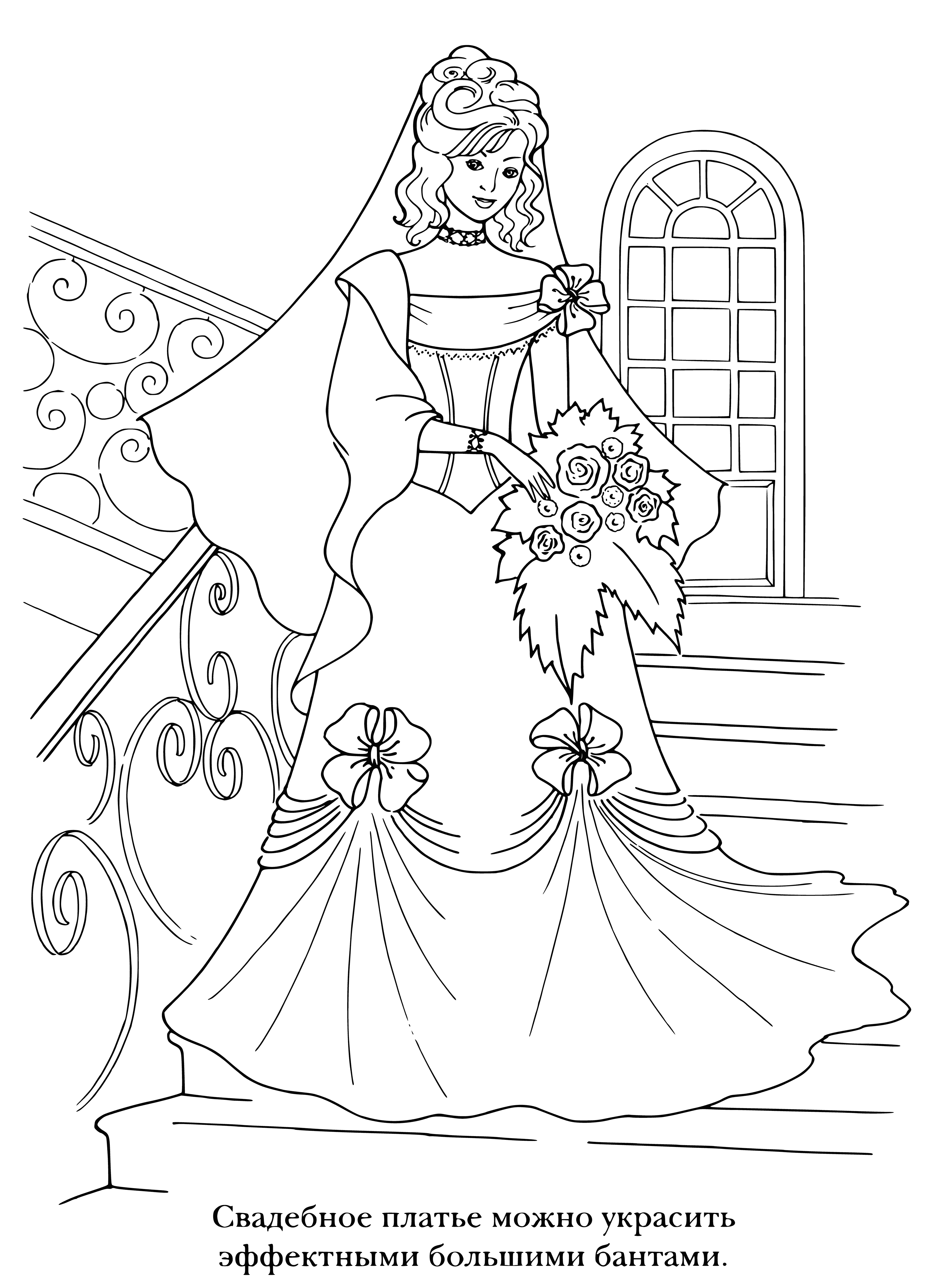 coloring page: A bride stands on a staircase, smiling in a beautiful dress, veil, & bouquet--ready to make lifelong memories!
