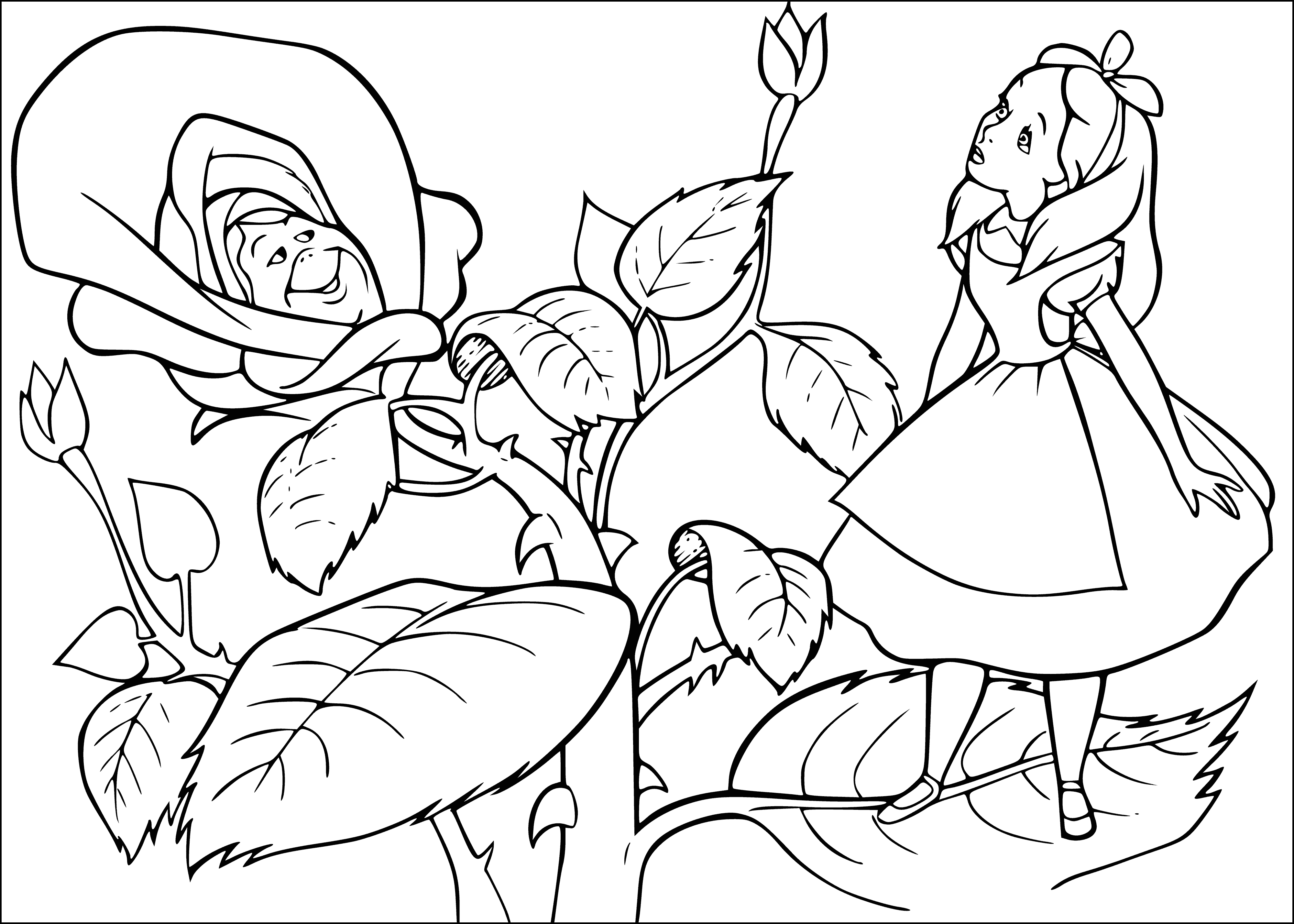 coloring page: Alice & Rosa stand before a giant rabbit with a pocket watch; Alice looks upset.