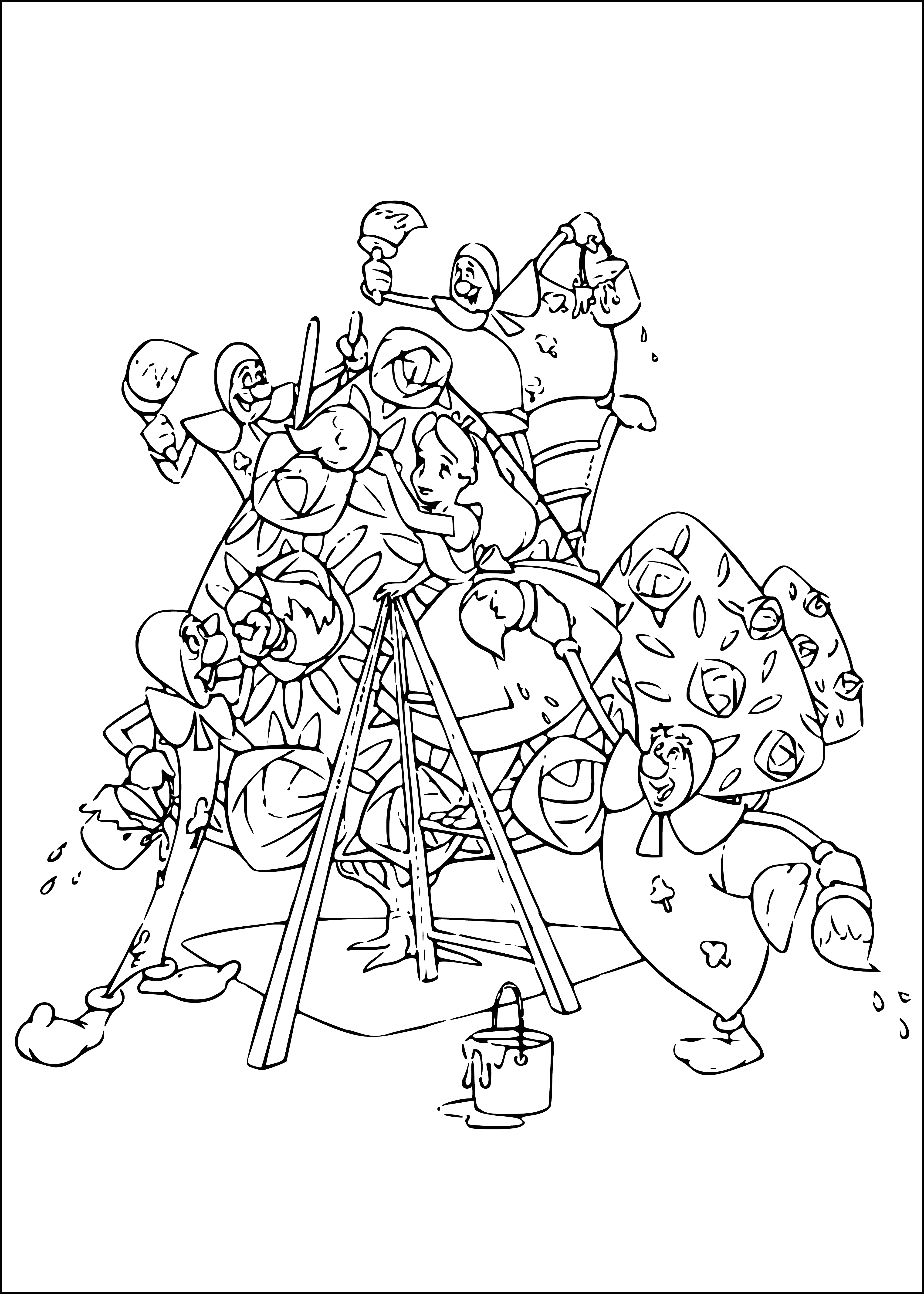 coloring page: White rabbit stands with clasped paws, wearing a waistcoat & pocket watch, surrounded by red roses. Blue sky, white clouds in background.