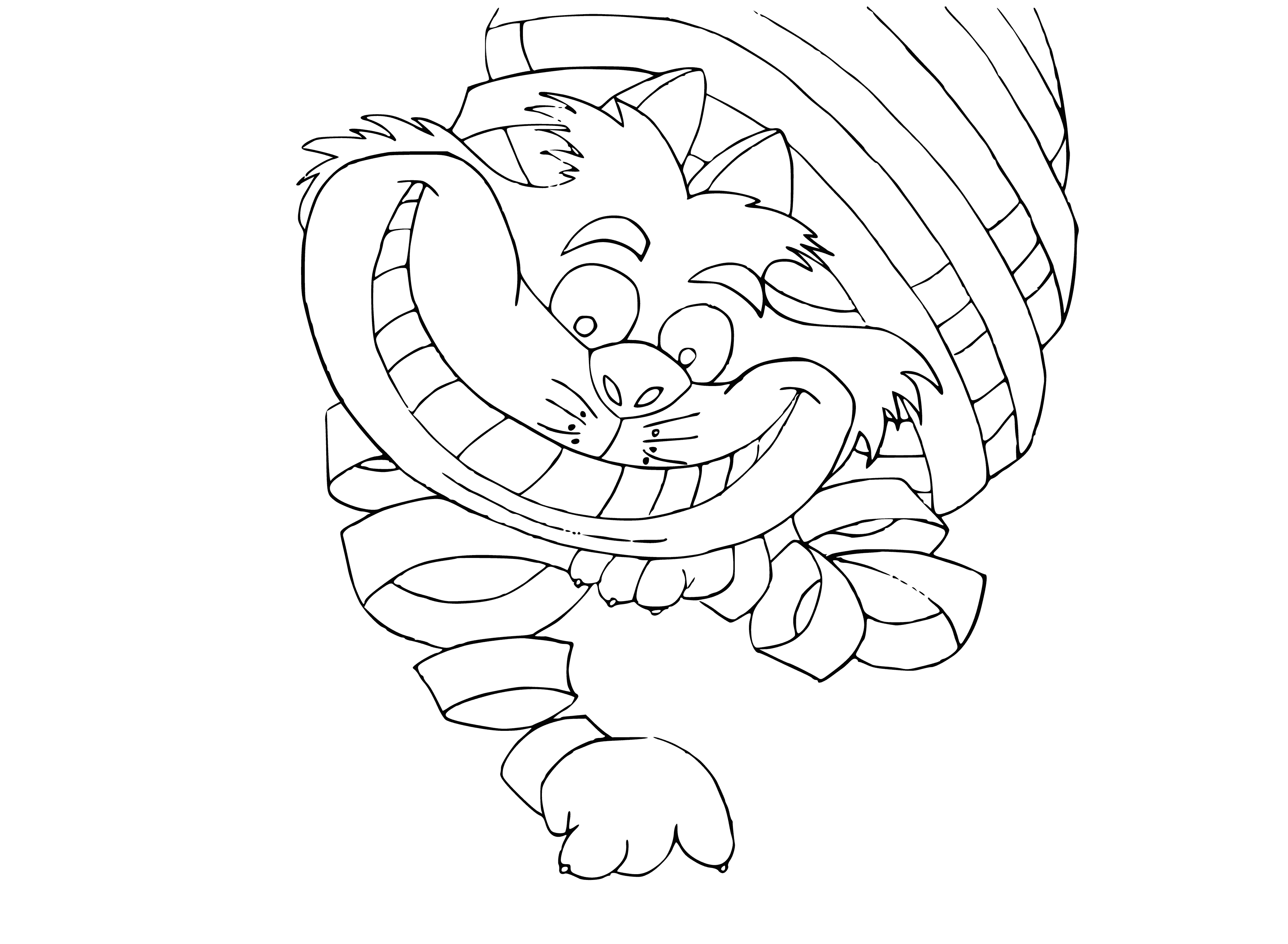 coloring page: Cheshire Cat has a toothy grin & faded, transparent body w/ large eyes that seem to follow you around the room.