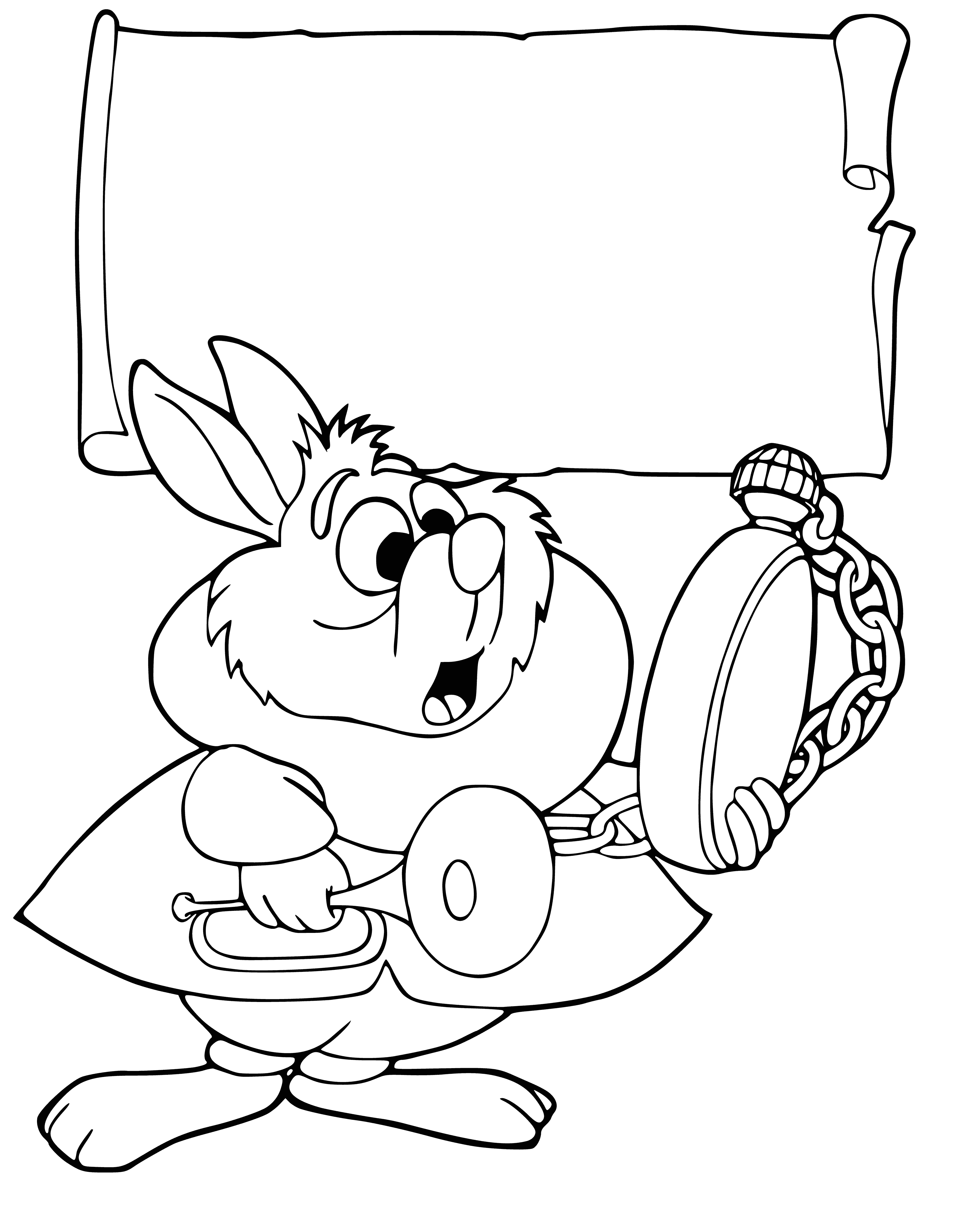 coloring page: A white rabbit with a pocket watch is curiously looking through a door in a cozy room. #coloring