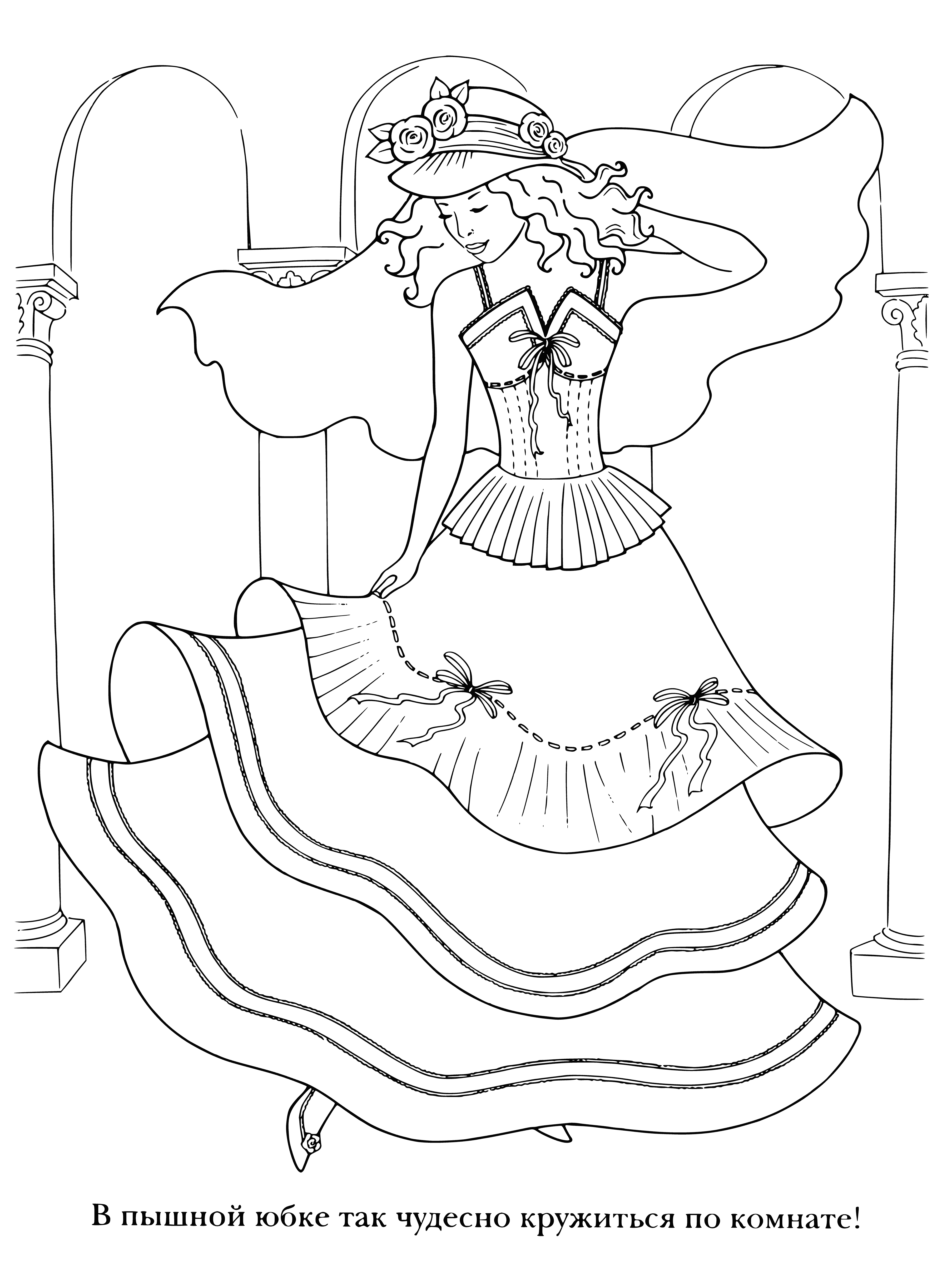 coloring page: Bride stands in front of window in wedding dress with fluffy skirt, fitted bodice & veil, holding bouquet of flowers.