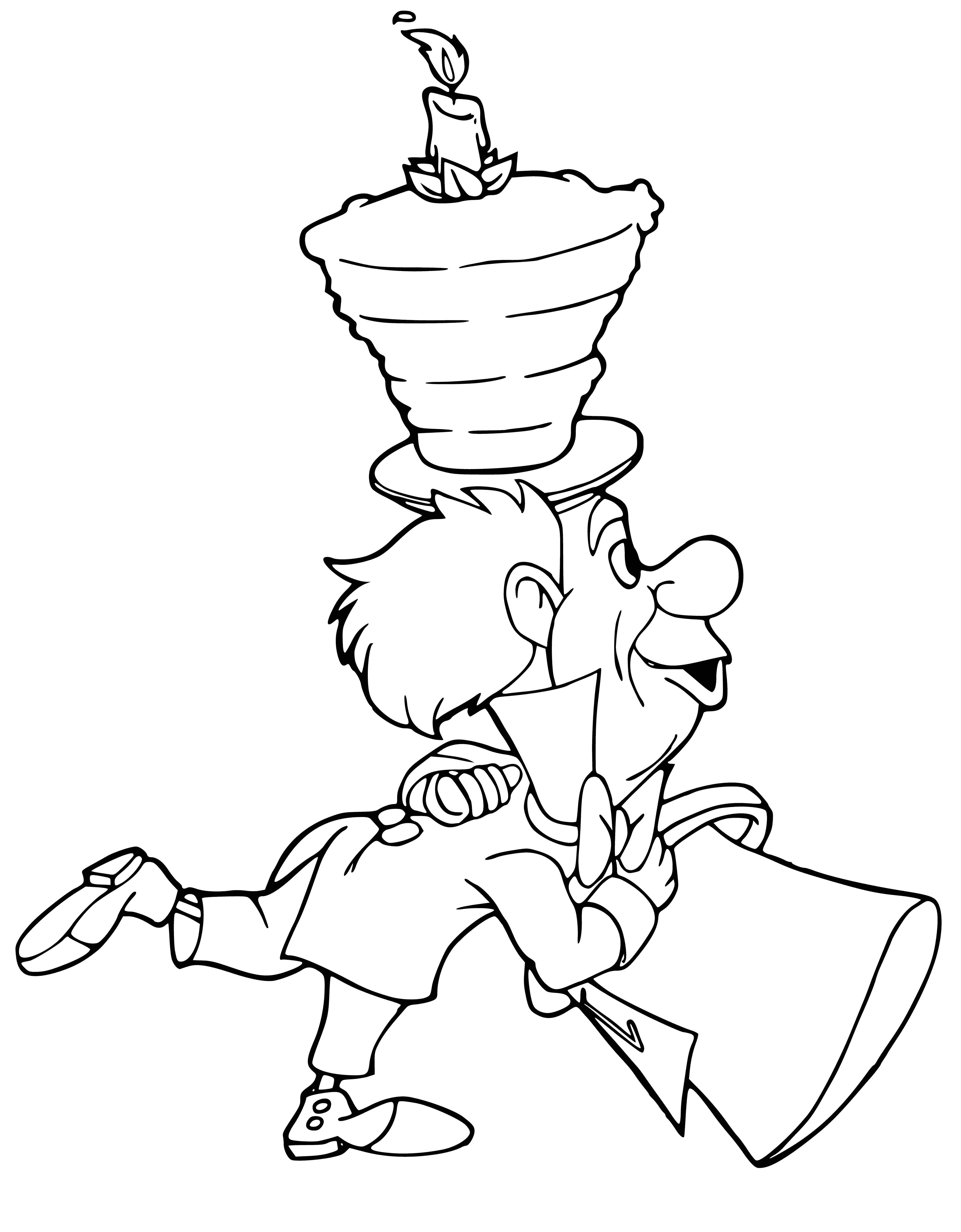 coloring page: Man in bright hat holds teacup & plate of cookies, has wild hair, grinning and crazed looking eyes. Table has tea pot.