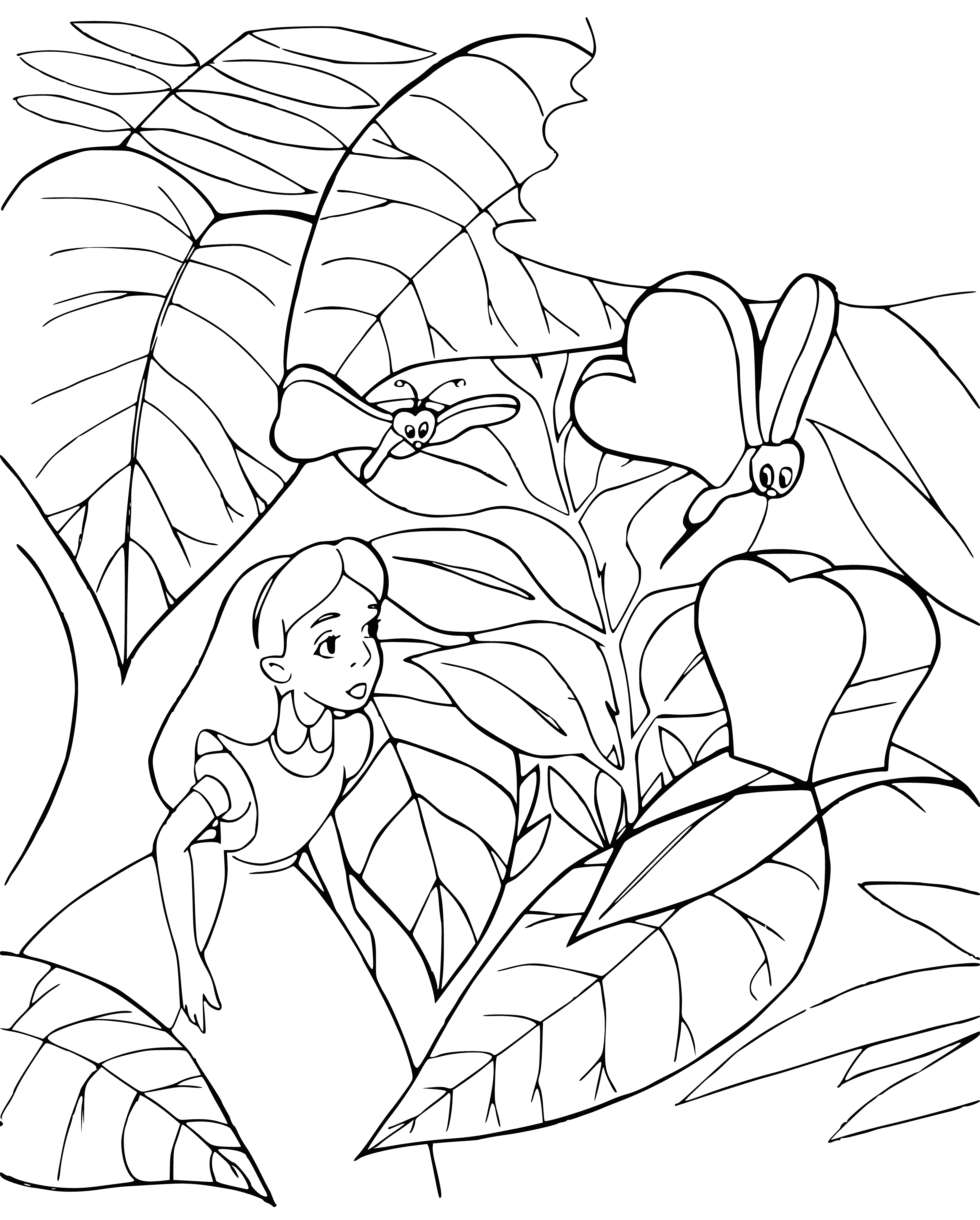 coloring page: Blond Alice in a blue dress & white apron holds a book, appearing to be lost in the story.