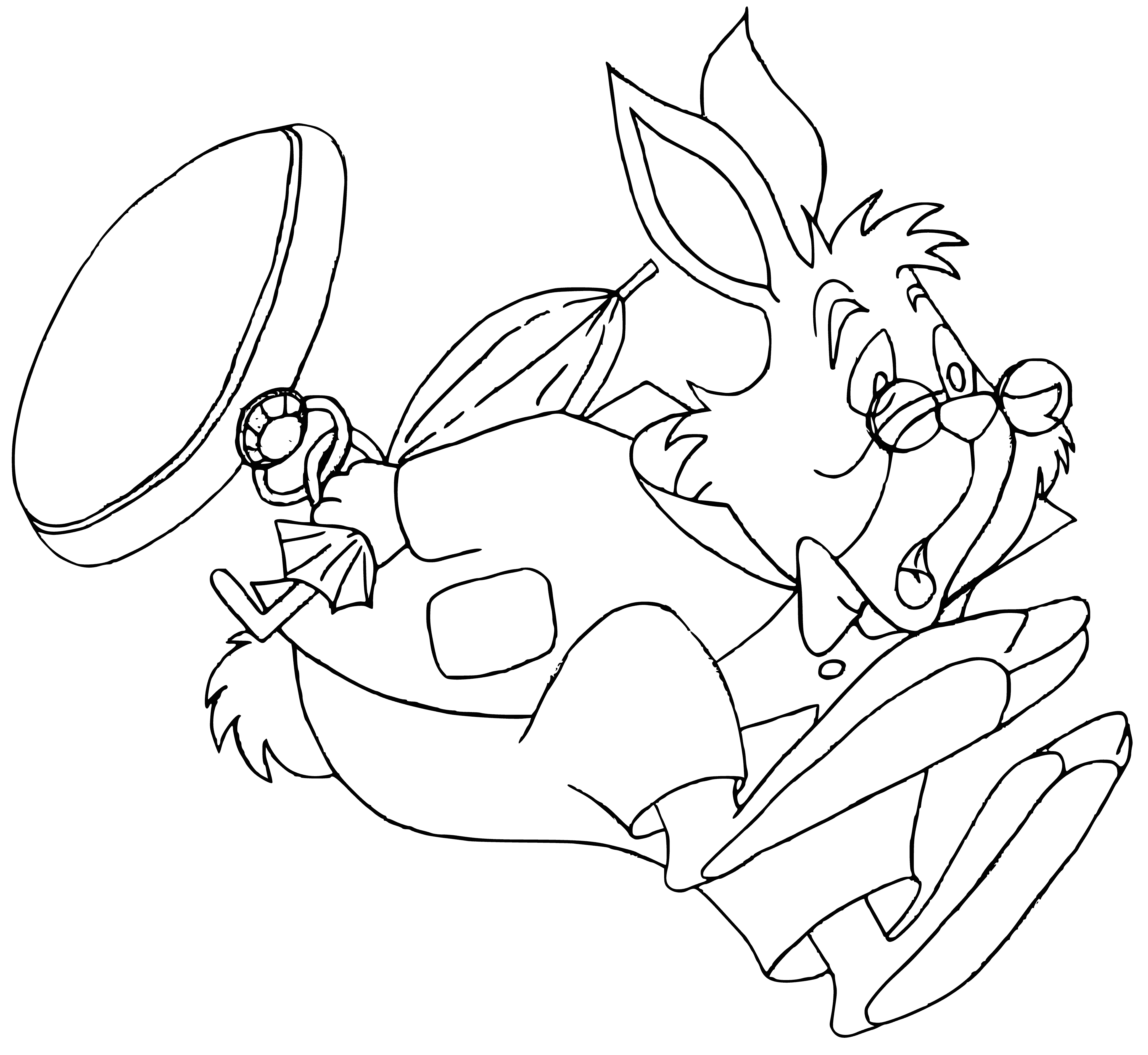 coloring page: Rabbit nervously looks over shoulder, clutching pocket watch in one hand.