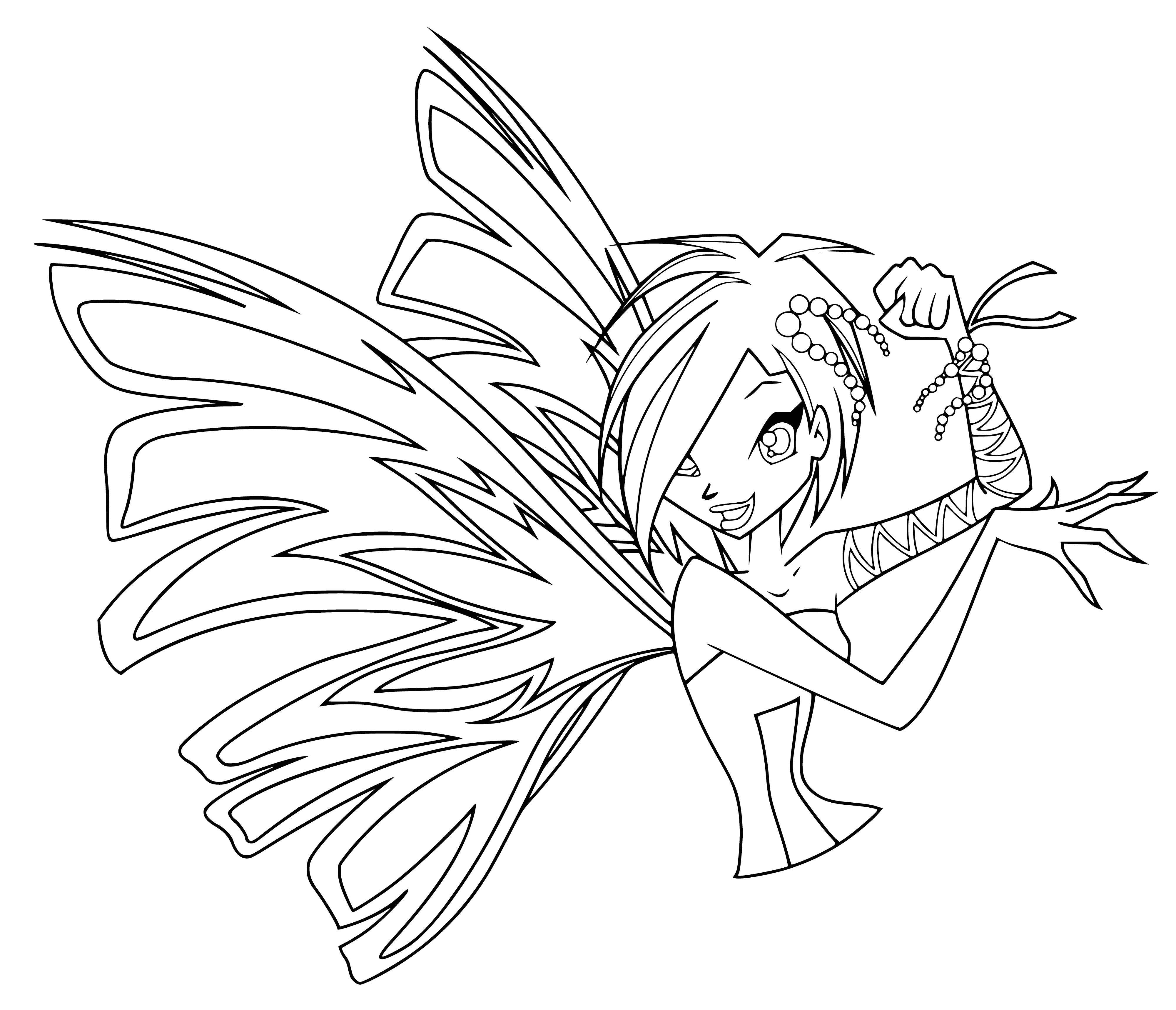 coloring page: Tecna achieved Sirenix while wearing a blue and white dress, with a shell in her hair and holding a staff. Her wings were blue and white.