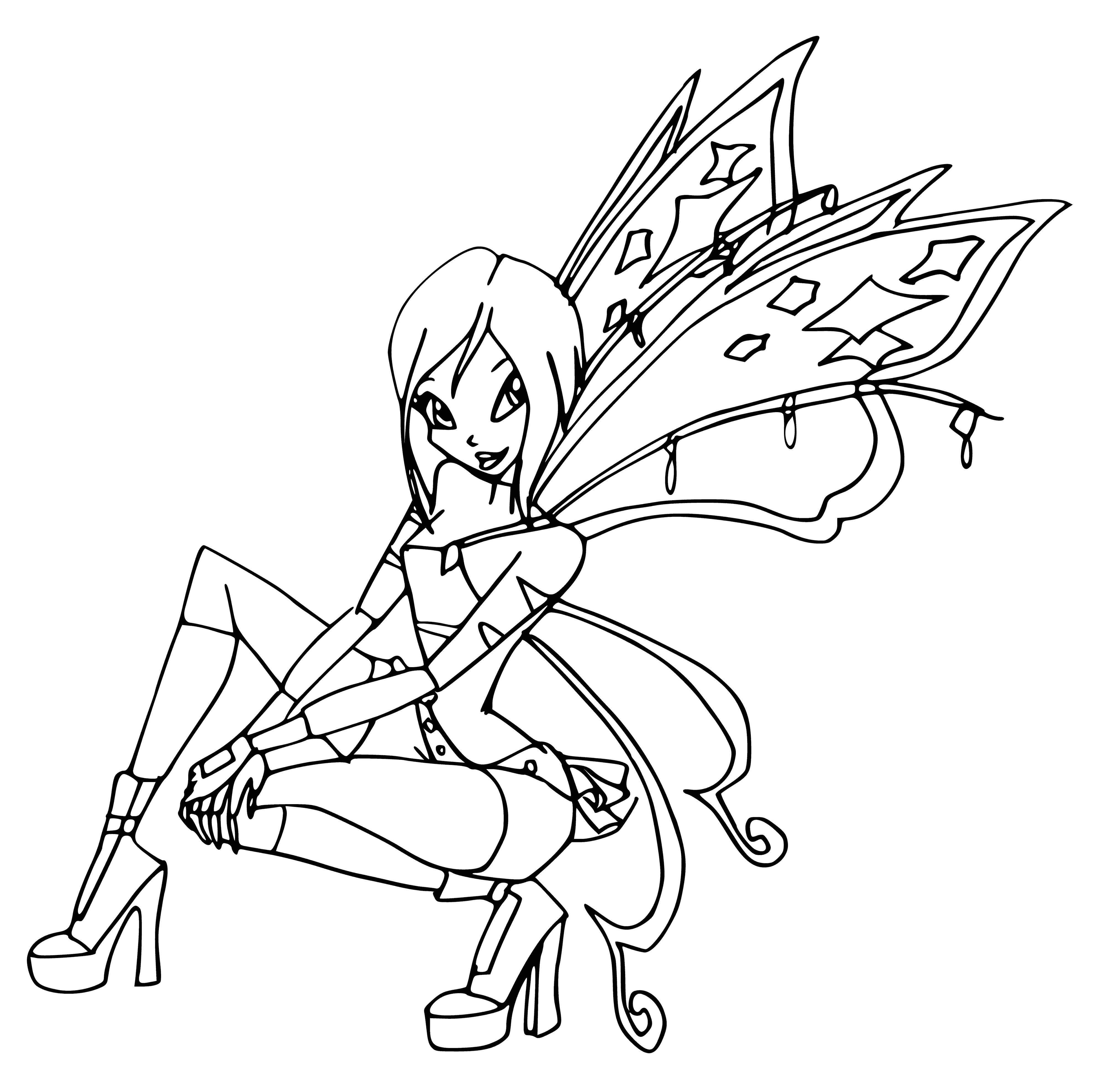 coloring page: Tecna is a winged girl with blue hair, in a blue and white outfit, flying in the air. #fairy #magical #wings