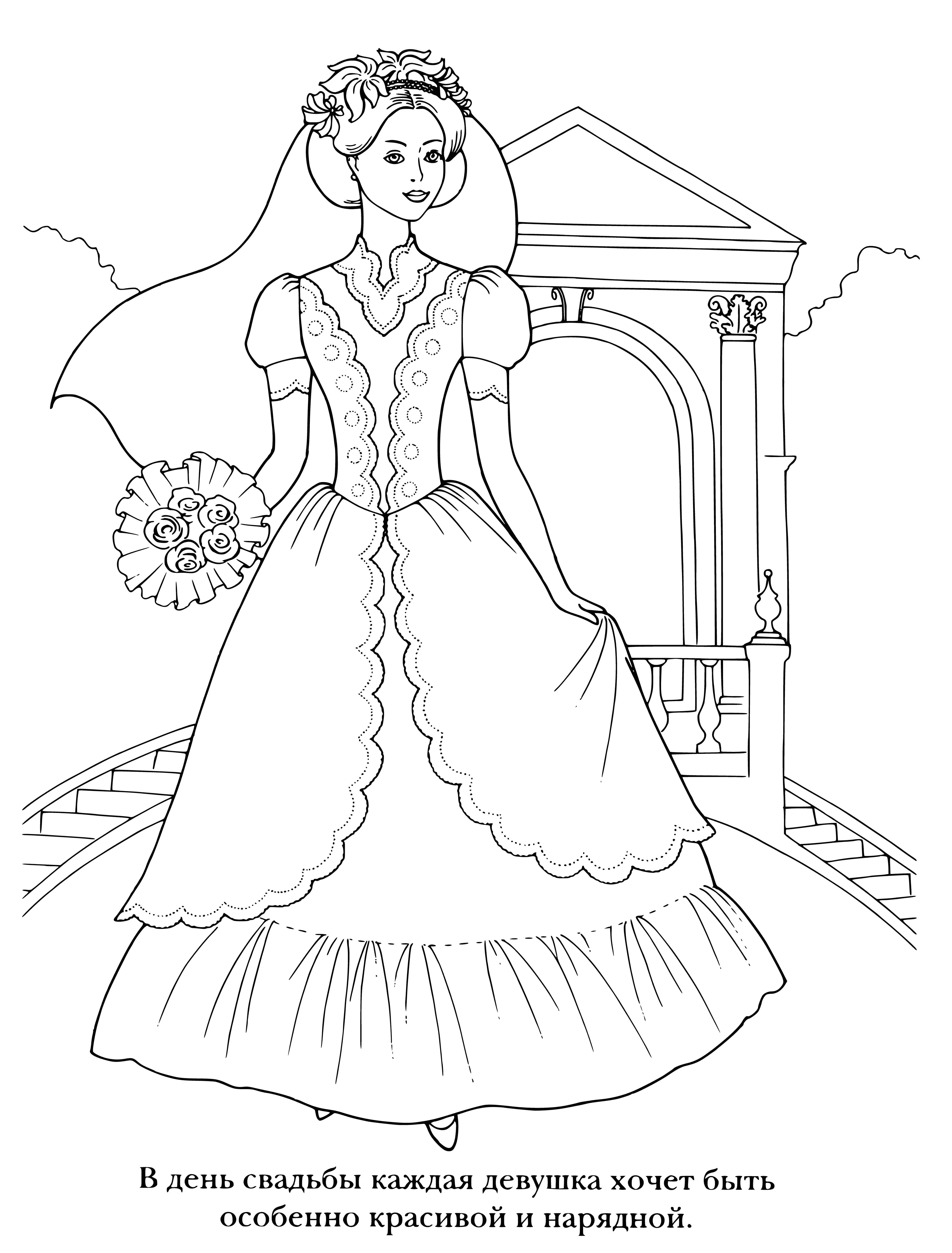 coloring page: Bride has a beautiful bouquet of mixed colors & types of flowers. She looks happy & excited to hold it.